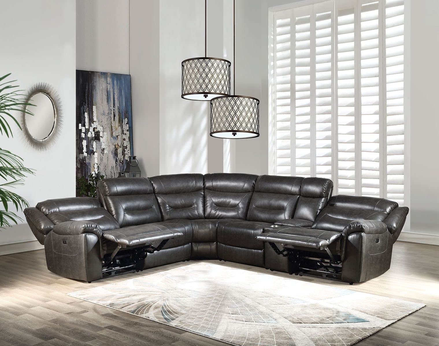 Modern Power Reclining Sectional Sofa with USB Charging Ports, Storage Consoles & Cup Holders - Leather Symmetrical Recliner Couch for Living Room, Home Theater & Family Gatherings