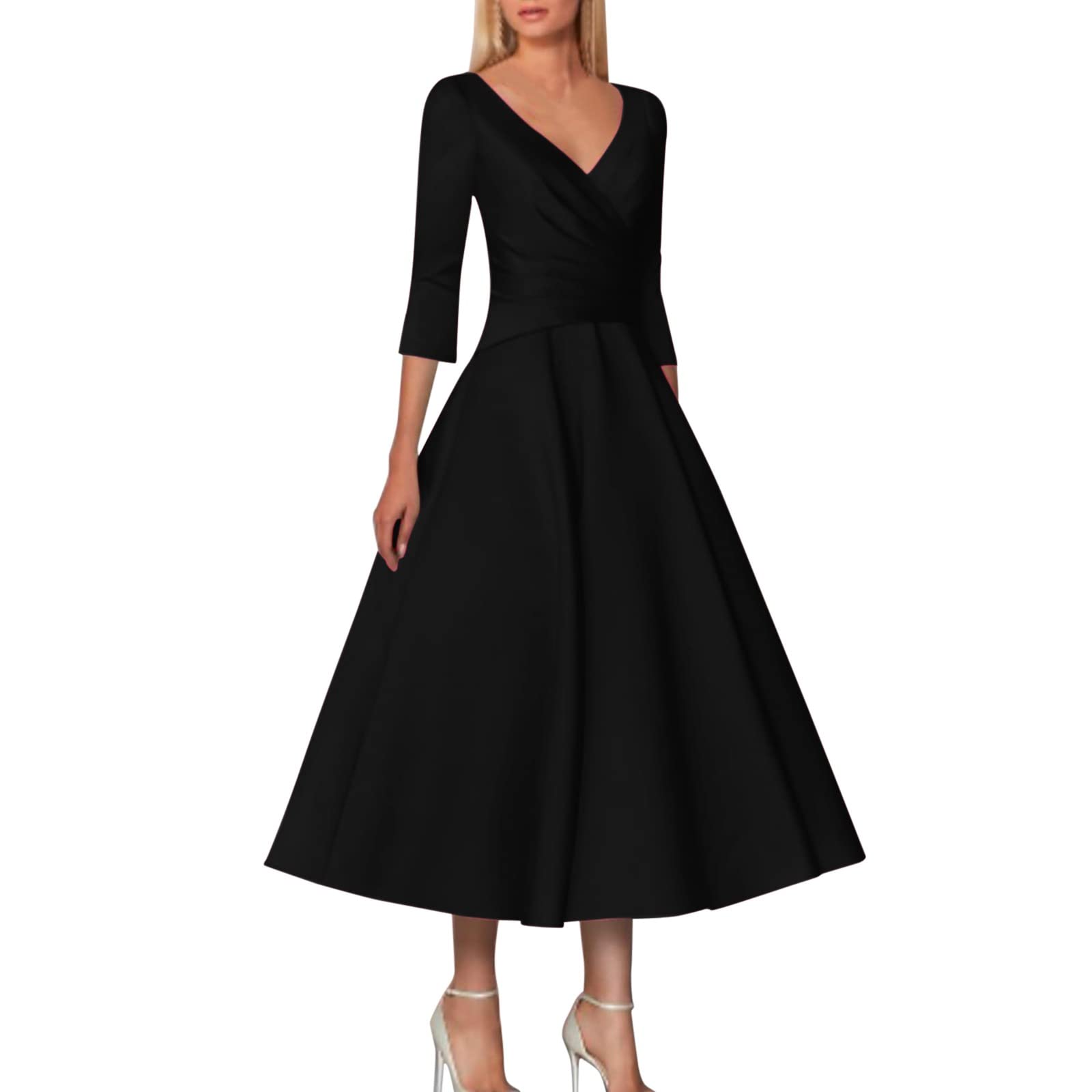 Elegant Plus Size Wedding Guest Dresses for Women - Vintage V Neck Tea Length A-Line Mother of the Bride Dress for Formal Occasions, Parties & Special Events