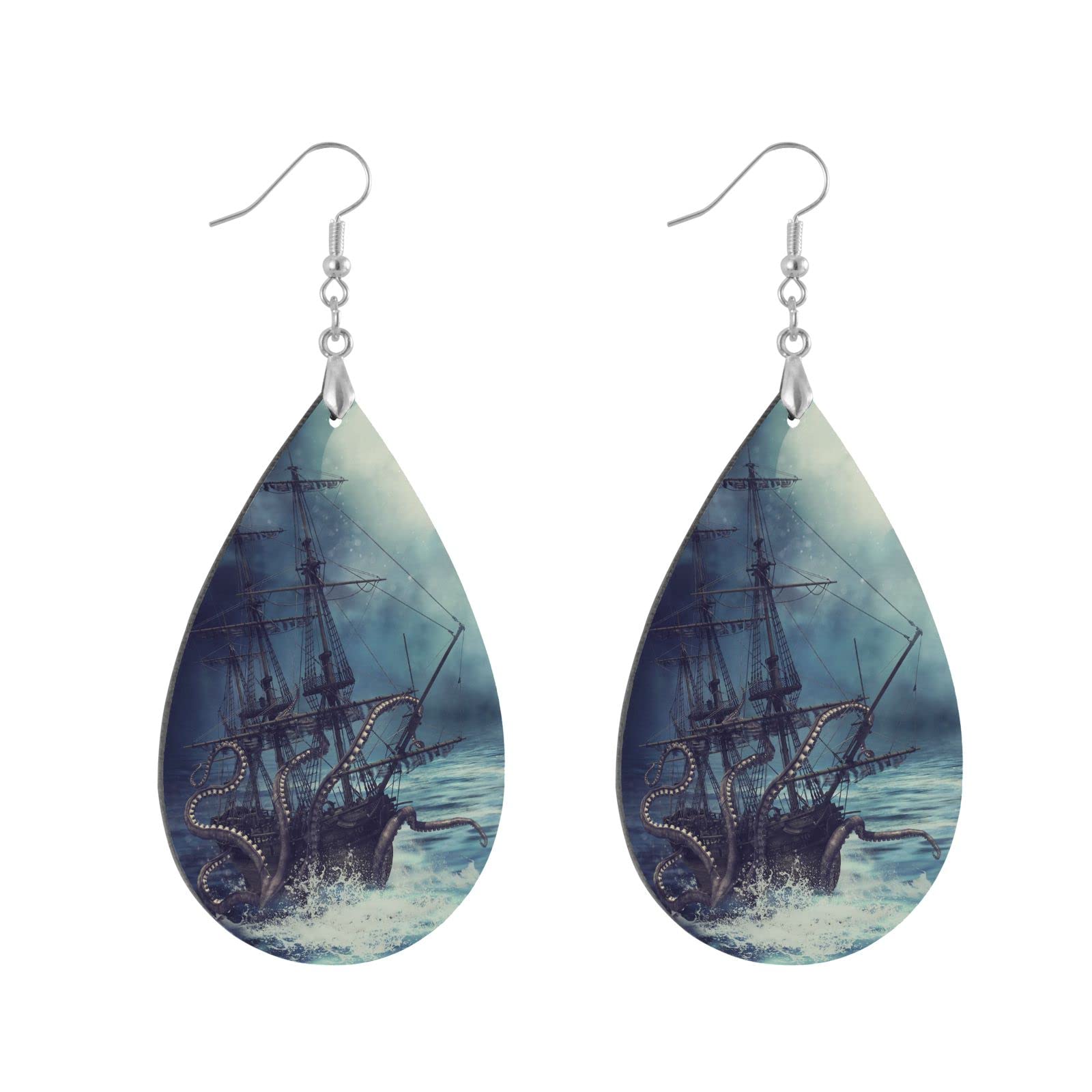 Lightweight Wooden Teardrop Earrings - Ocean Kraken Nautical Pirate Ship Octopus Dangle Earrings for Women | Stylish Statement Jewelry Gift for Her | Perfect for Beach Parties, Costume Events & Boho Fashion