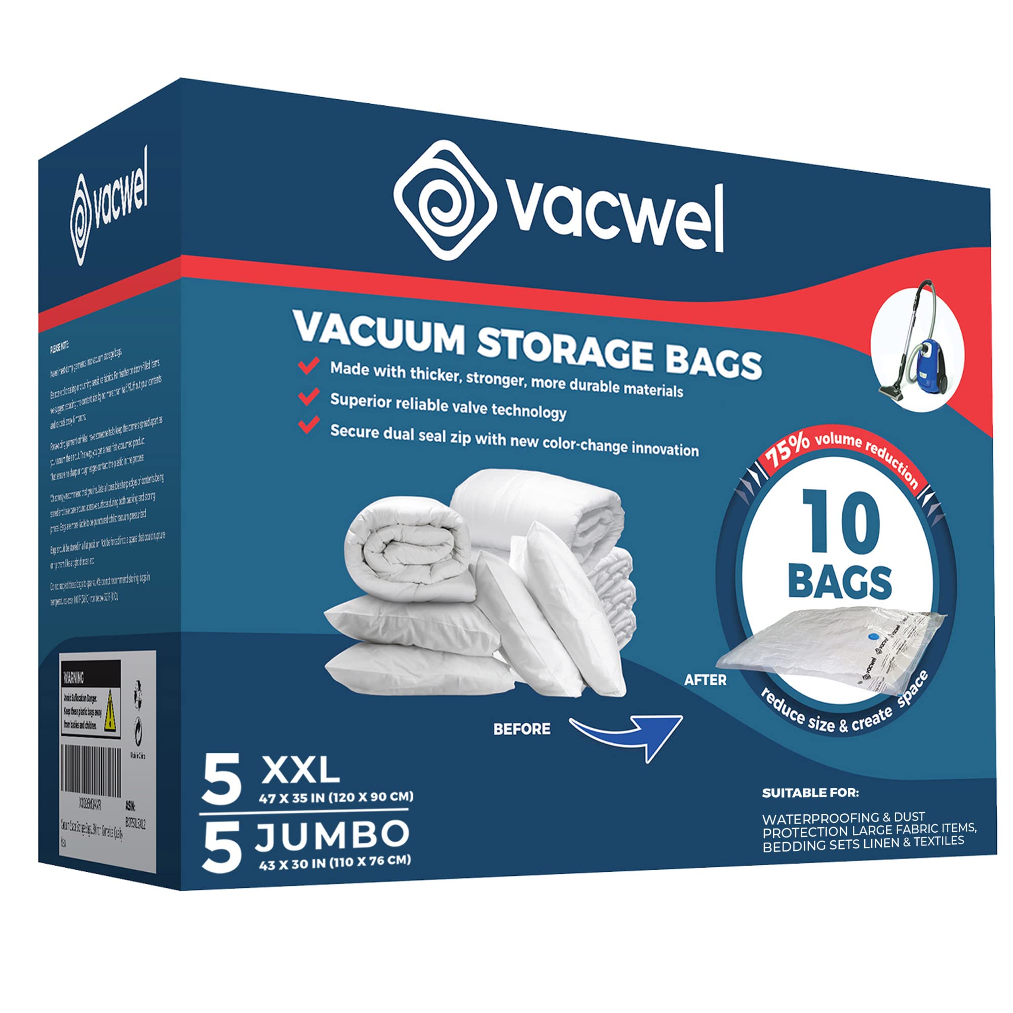 10-Pack Vacuum Storage Bags for Bedding & Winter Clothes - XXL (47x35in) & Jumbo (43x30in) Space Saver Bags with Hand Pump - Perfect for Blankets, Comforters, Seasonal Wardrobe Organization & Travel Packing