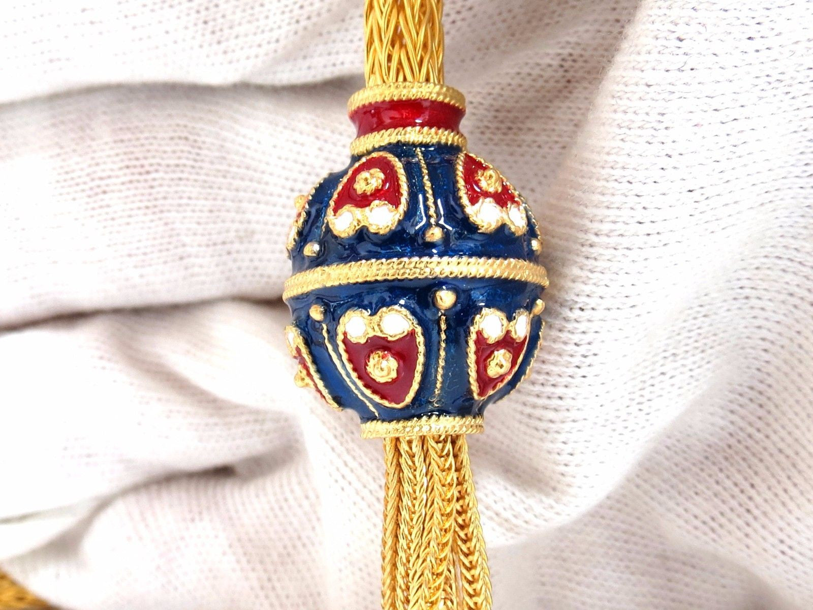 18K Gold Sailor's Knot Enamel Weave Necklace - Long Bolo Tassel Pendant - 132g Vintage Deco Jewelry - Perfect for Beach Weddings, Boho Fashion & Gift Giving