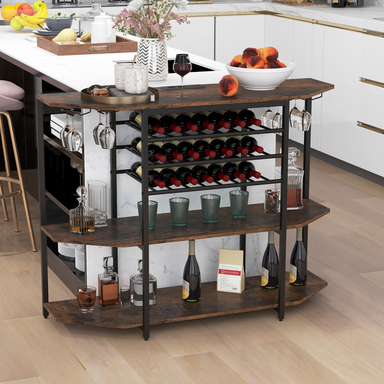 COSTWAY 3-Tier Wine Bar Cabinet with Power Outlets - Rustic Brown Liquor Storage with Wine Bottle Racks & Glass Holders, Freestanding Mini Bar Table for Kitchen, Dining Room, Home Pub or Office - Perfect for Entertaining Guests & Displaying Your Wine Collection