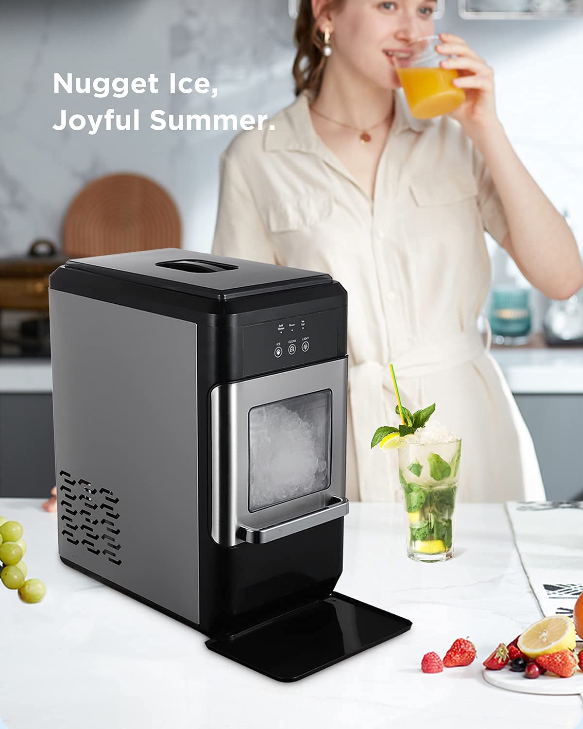 Portable Chewable Nugget Ice Maker Machine - 44lbs/Day, Self-Cleaning Countertop Ice Maker for Home, Office, and Commercial Use - Perfect for Cocktails, Smoothies, and Beverages