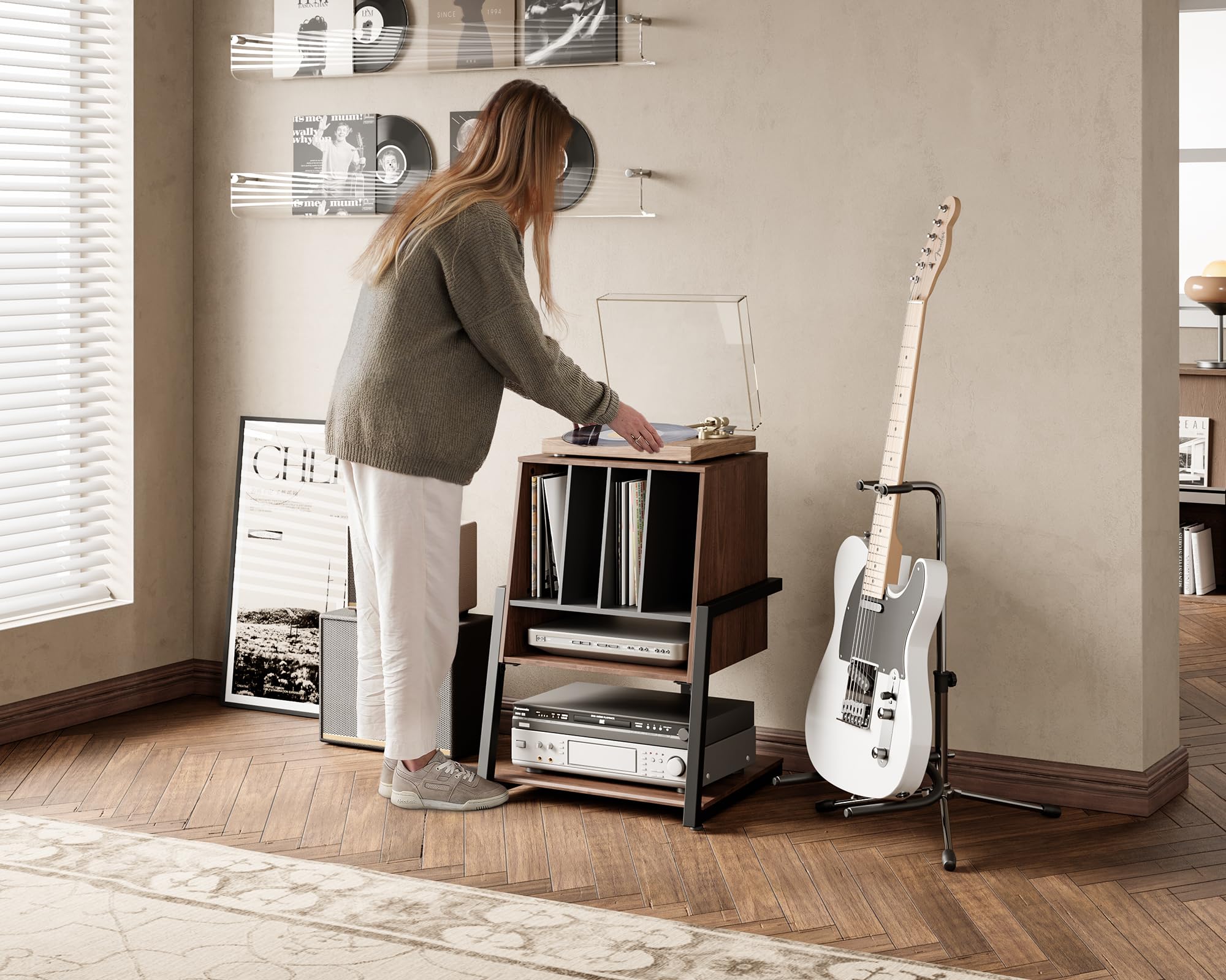 FITUEYES Eiffel Series Vinyl Record Player Stand with Storage - Holds 120 Records, Turntable Stand with Built-in Charging Station, Compact Entertainment Center for Living Room | Perfect for Music Lovers & Small Space Decor