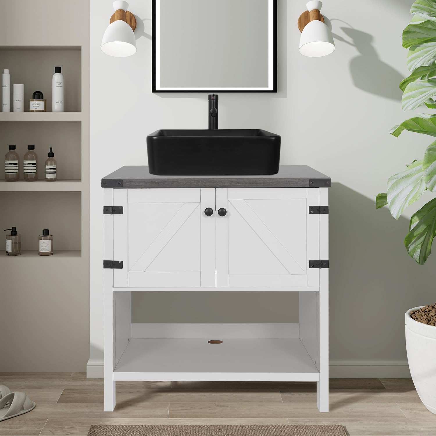 30 Inch White Wood Bathroom Vanity Cabinet with Black Ceramic Sink - Modern Farmhouse Style for Bathroom Remodel & Small Space Storage Solution