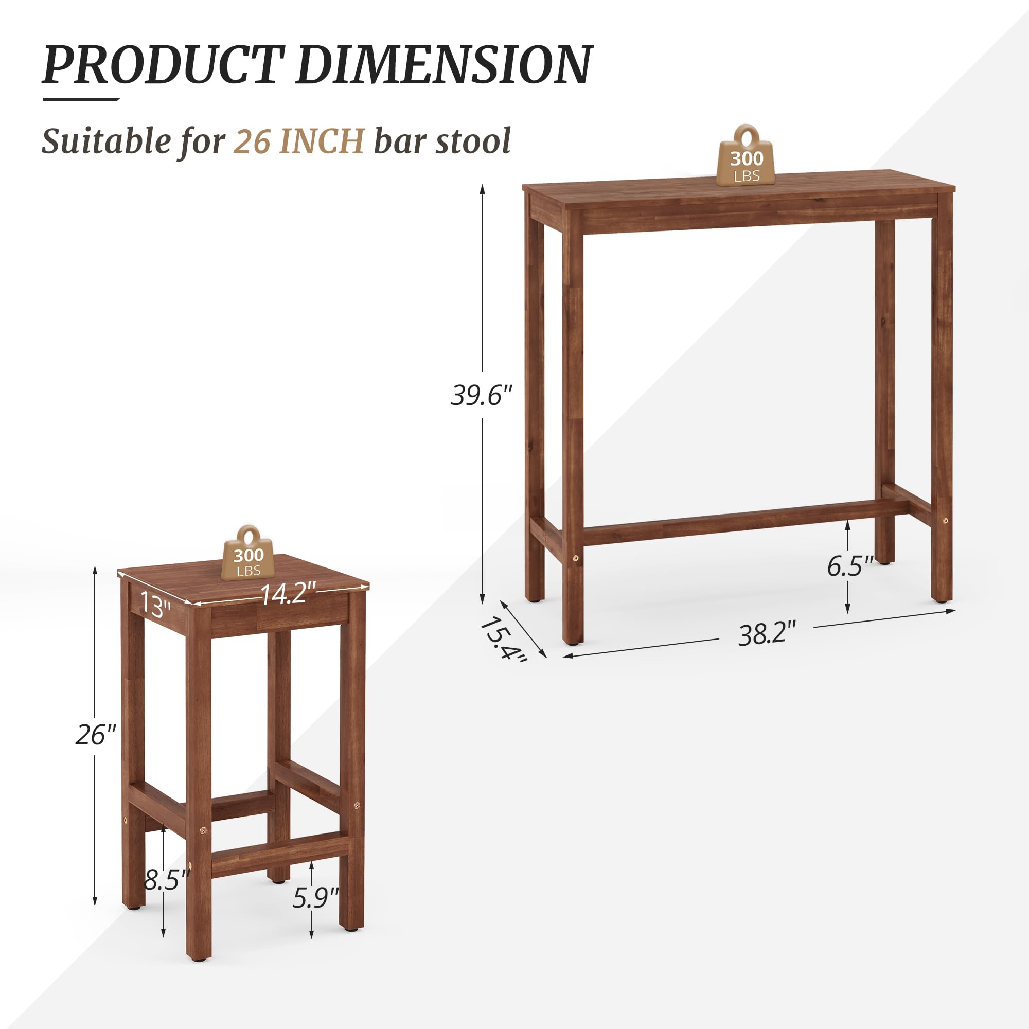 38 Inch Acacia Wood Bar Table and 2 Stools Set - Rectangular Counter Height Pub Table for Dining Room, Kitchen & Living Room - Teak Brown Finish - Perfect for Entertaining, Small Spaces & Modern Home Decor