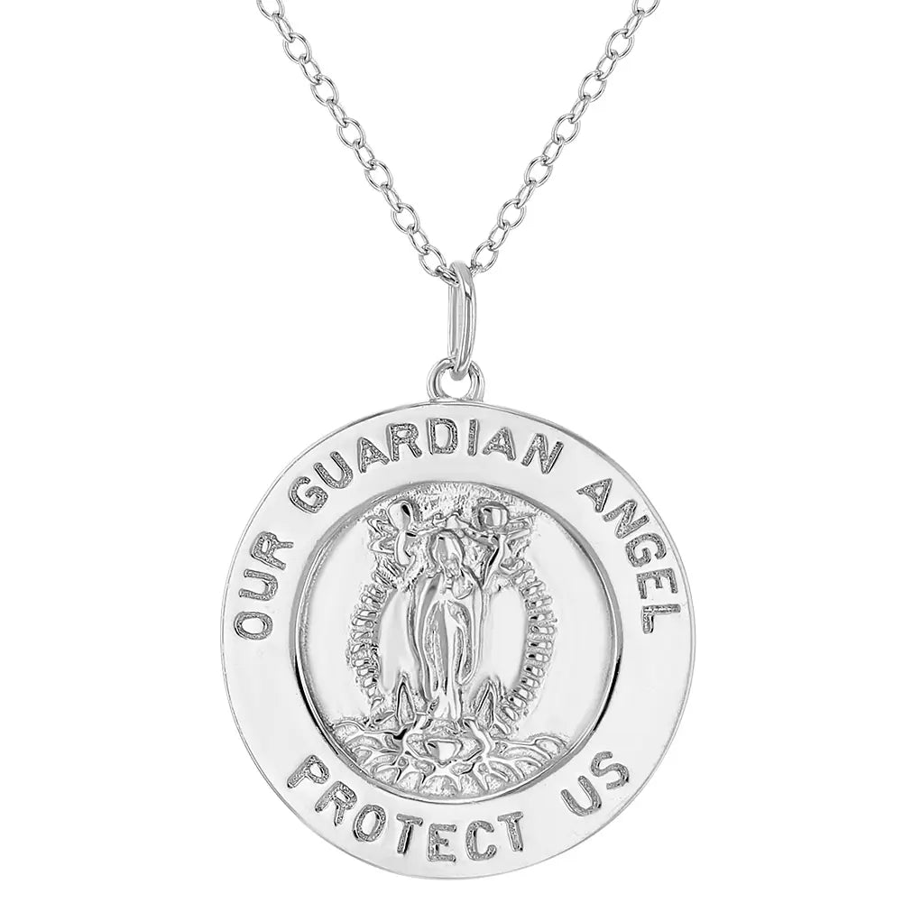 Guardian Angel Sterling Silver Round Medal Pendant for Kids - Perfect for Baptism, First Communion & Birthday Gifts
