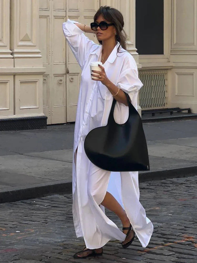 Elegant White Split Long Sleeve Maxi Dress for Women - Lapel Single Breasted Casual Chic Lady Dress, Perfect for Office Wear, Evening Parties and High Street Fashion