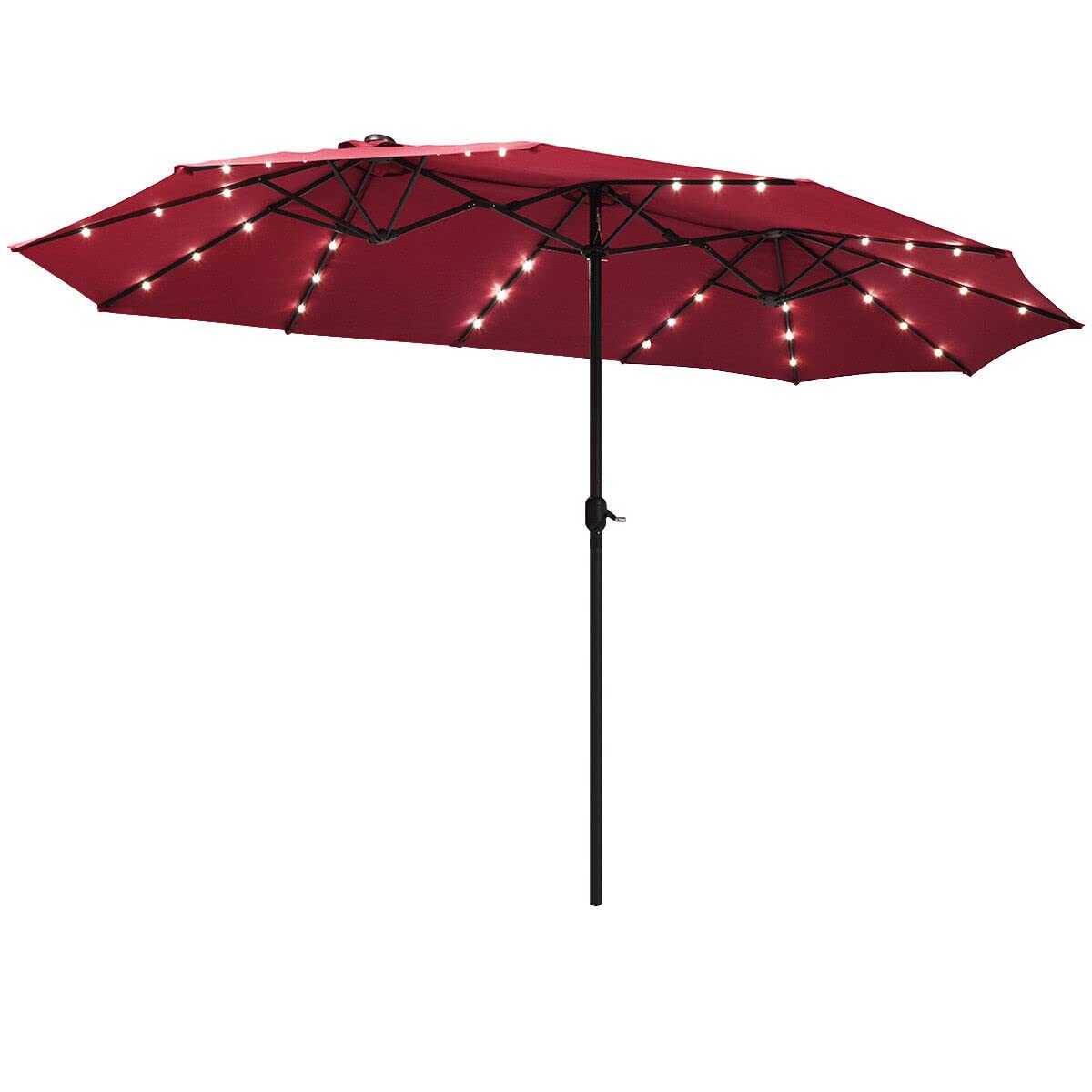15Ft Solar LED Market Umbrella with Crank Handle - Easy Open 36 Lights Burgundy Patio Umbrella for Outdoor Dining, Poolside & Garden Decor