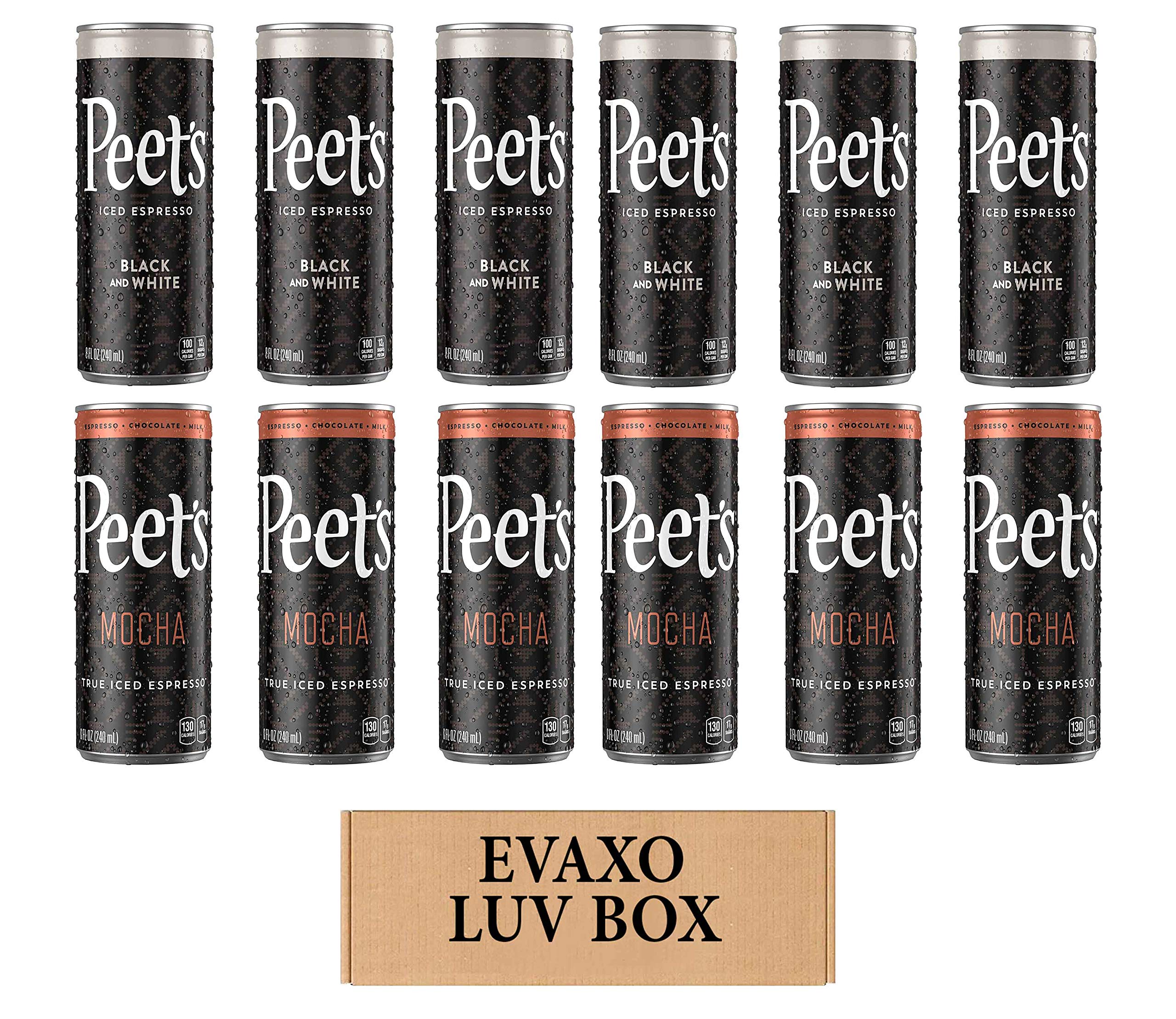 LUV BOX - Variety Pack of 12 Peet's Iced Espresso 8 oz Cans, Black & White Mocha Flavor by evaxo - Perfect for Office, Road Trips & Quick Energy Boosts