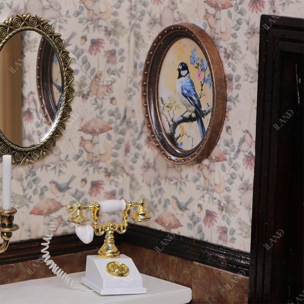iLAND 1/12 Scale Miniature Dollhouse Accessories - Set of 4 Picture Frames with Floral & Bird Paintings for Model Train Scenes, Fairy Gardens & DIY Crafts