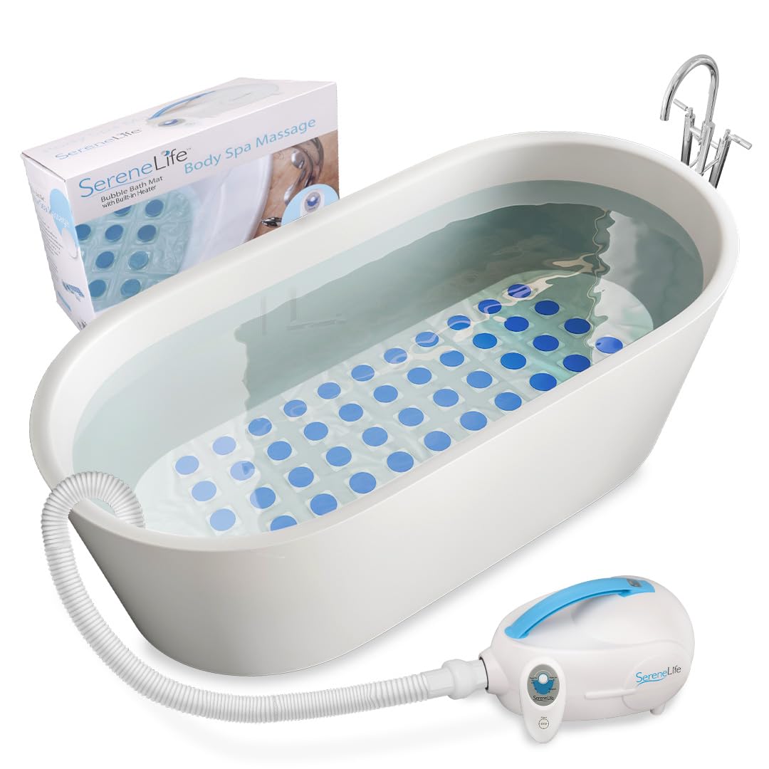 SereneLife Electric Bubble Massage Mat - Waterproof Full Body Massager with Heated Air Bubbles, Motorized Spa System & Essential Oil Aroma Clip - Relaxing Hydrotherapy for Home, Bath Tub, Pool - Blue