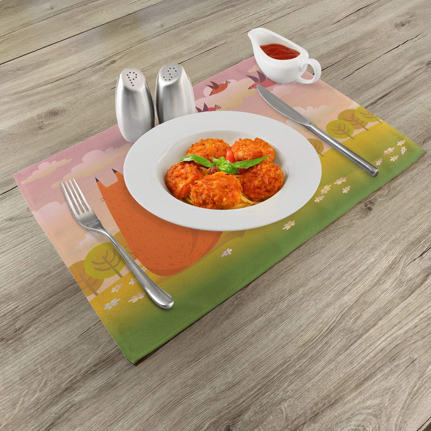 Ambesonne 4-Pack Cartoon Fox Wildlife Placemats - Valley Farm Sunset with Birds & Daisies Artwork - Washable Fabric Table Mats for Dining Room & Kitchen Decor (Orange, Lilac, Green) - Perfect for Family Dinners, Parties & Holiday Gatherings
