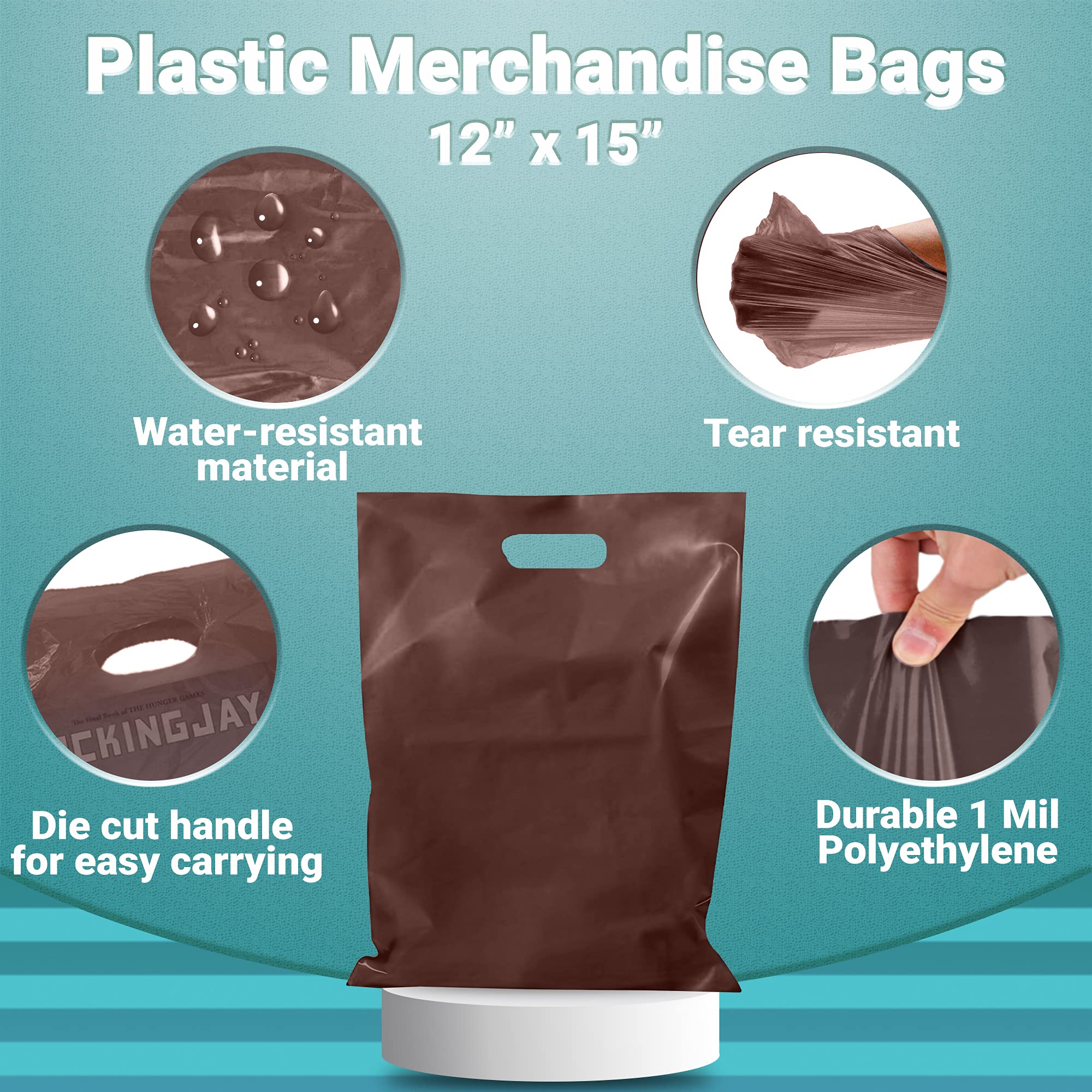 APQ 1000 Pack Brown Shopping Bags with Die-Cut Handles 12x15 Inches - 1 Mil Thickness Lightweight LDPE Retail Plastic Bags for Grocery, Boutique & Gift Packaging | Eco-Friendly & Durable