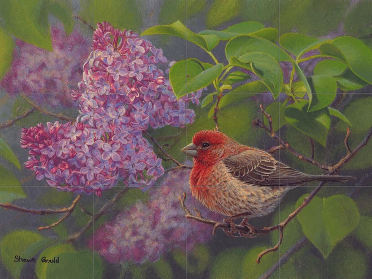 Ceramic Backsplash Tile Mural - Hand-Painted Bird Design (House Finch & Lilac) by Shawn Gould - Perfect for Kitchen & Bathroom Wall Decor - Adds Nature-Inspired Elegance to Your Home