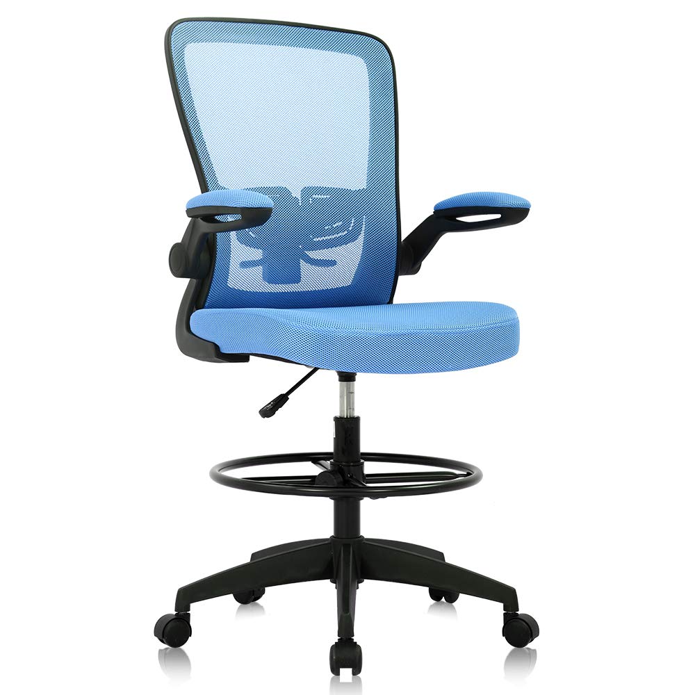 Ergonomic Drafting Chair with Lumbar Support - Adjustable Height Office Chair with Flip-Up Arms & Foot Ring - Mesh Mid Back Computer Desk Chair for Home Office - Perfect for Architects, Designers & Long Work Sessions (Blue)