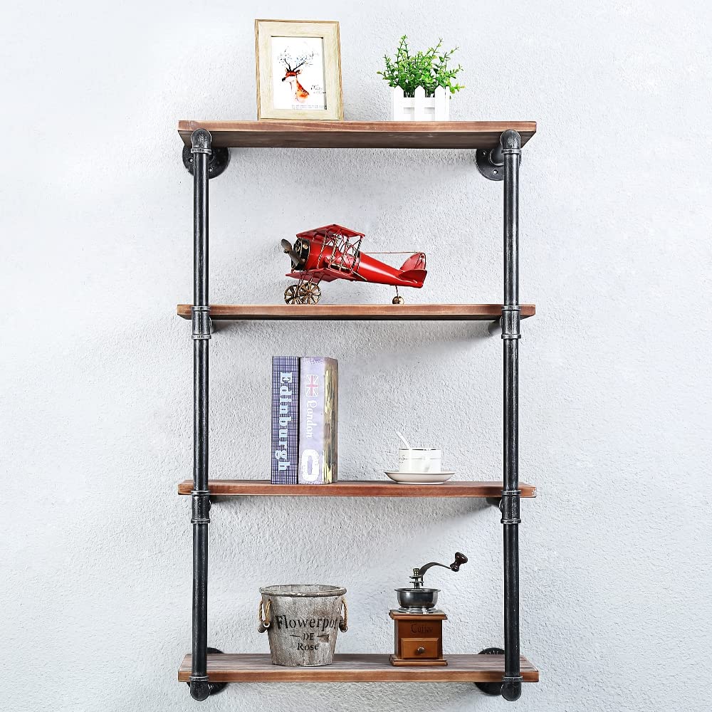 Industrial Pipe Floating Shelves with Wood Shelf - 4 Tier 24 Inch Wall Mounted Metal Shelving for Books & Decor | Perfect for Living Room, Bedroom & Office Storage