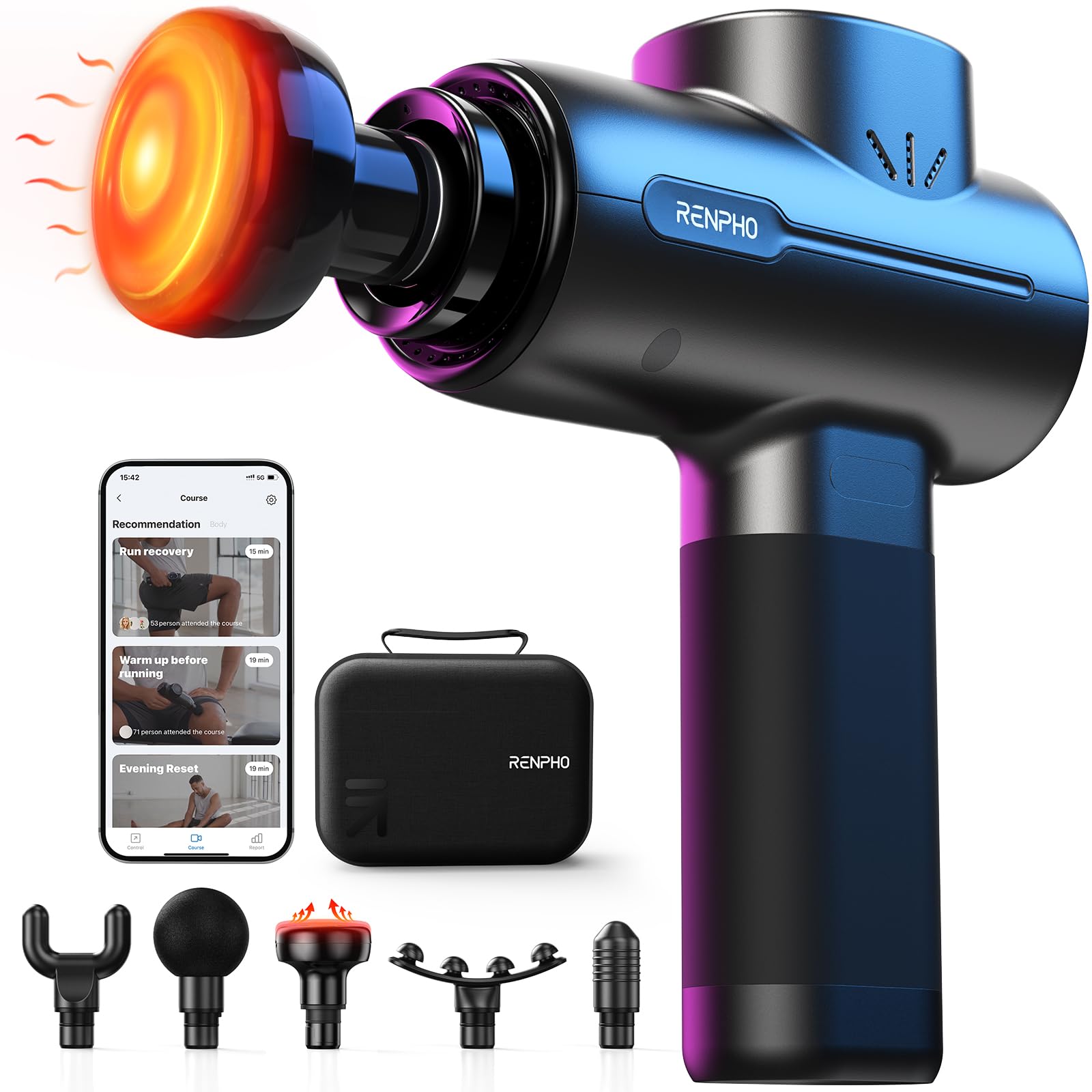 RENPHO Bluetooth Percussion Massage Gun with Heat Therapy - FSA HSA Eligible Portable Deep Tissue Massager for Back, Neck & Muscle Pain Relief - Perfect for Athletes, Mothers Day Gifts, Men & Women - Includes Carry Case (Active+ Thermal Technology) - Ideal for Post-Workout Recovery, Office Stress Relief & Home Relaxation