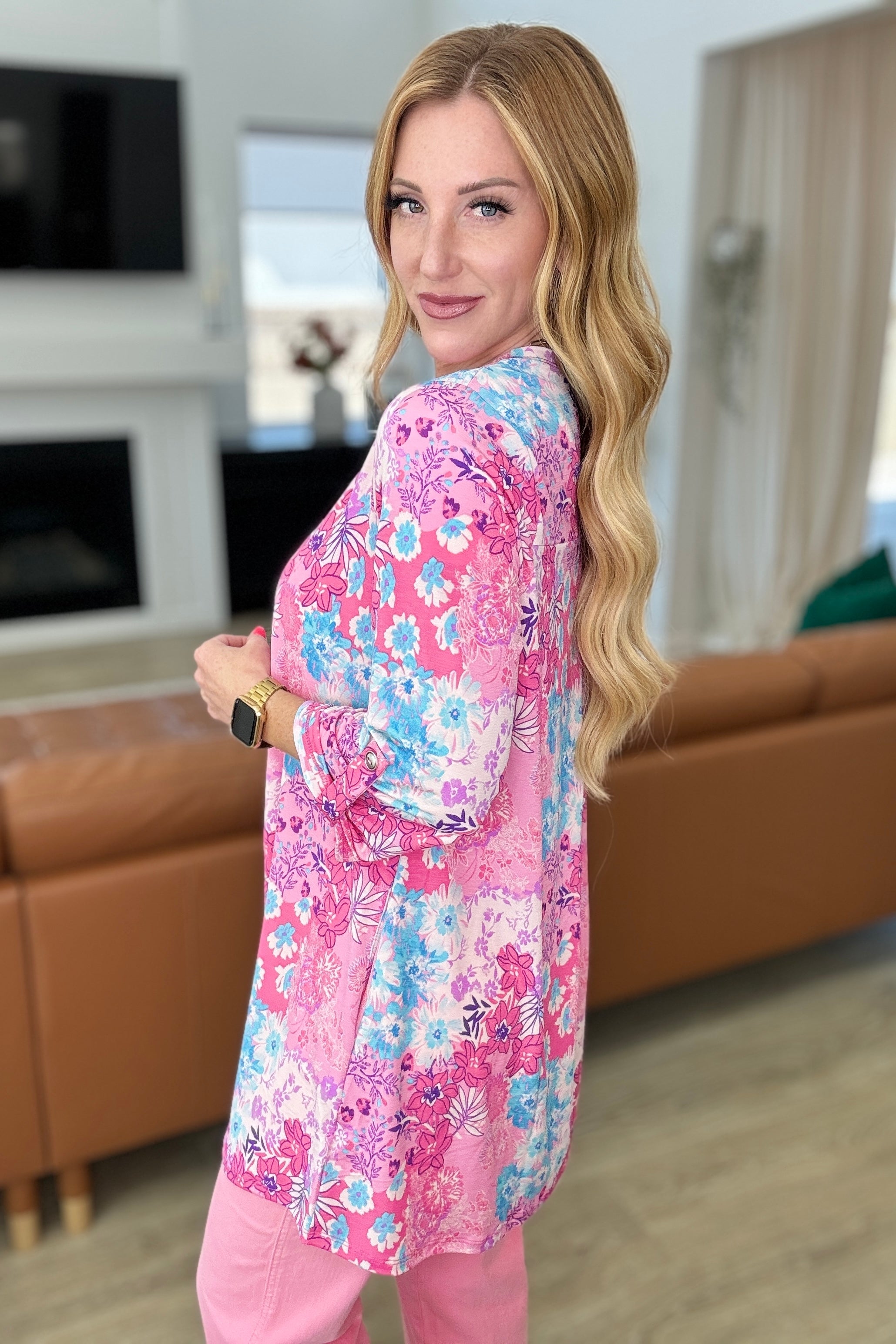 Lizzy Cardigan Women's Pink Patchwork Floral Knit Sweater | Soft & Cozy Cardigan for Fall & Winter | Perfect for Casual Outfits, Office Wear & Date Nights