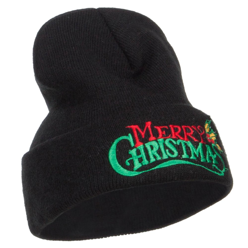 Merry Christmas Mistletoe Embroidered Long Beanie Hat - Festive Winter Knit Cap for Holiday Parties & Outdoor Activities - Cozy Xmas Gift for Women & Men - e4Hats.com
