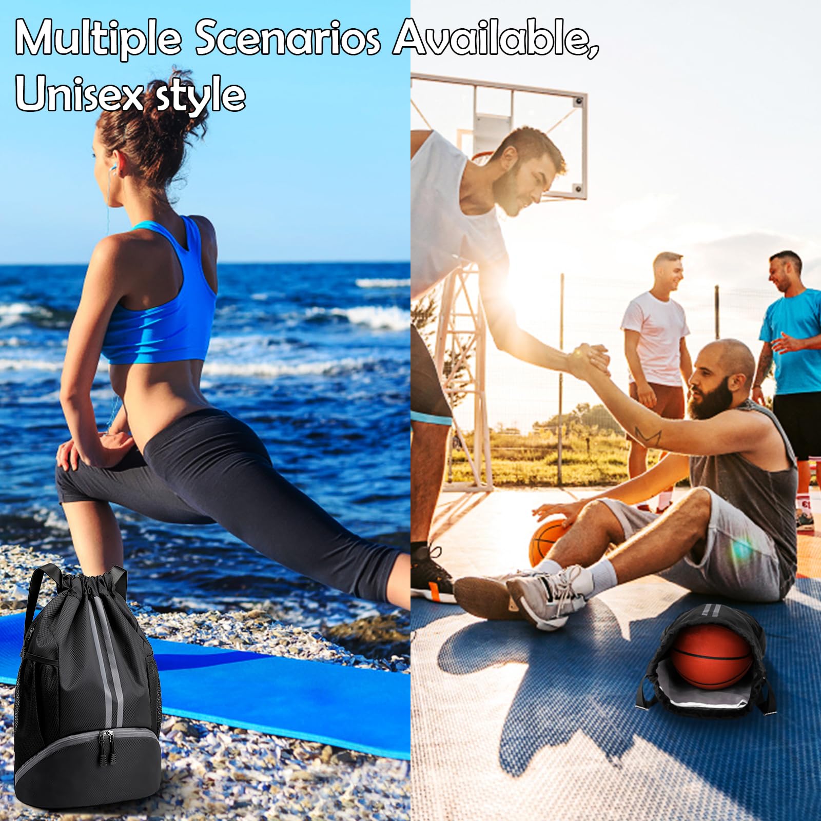 **Waterproof Drawstring Backpack with Zipper, Shoe Compartment & Wet Pocket - Lightweight Gym Sack for Men & Women - Perfect for Travel, Soccer, Swimming & Workout (Black)**