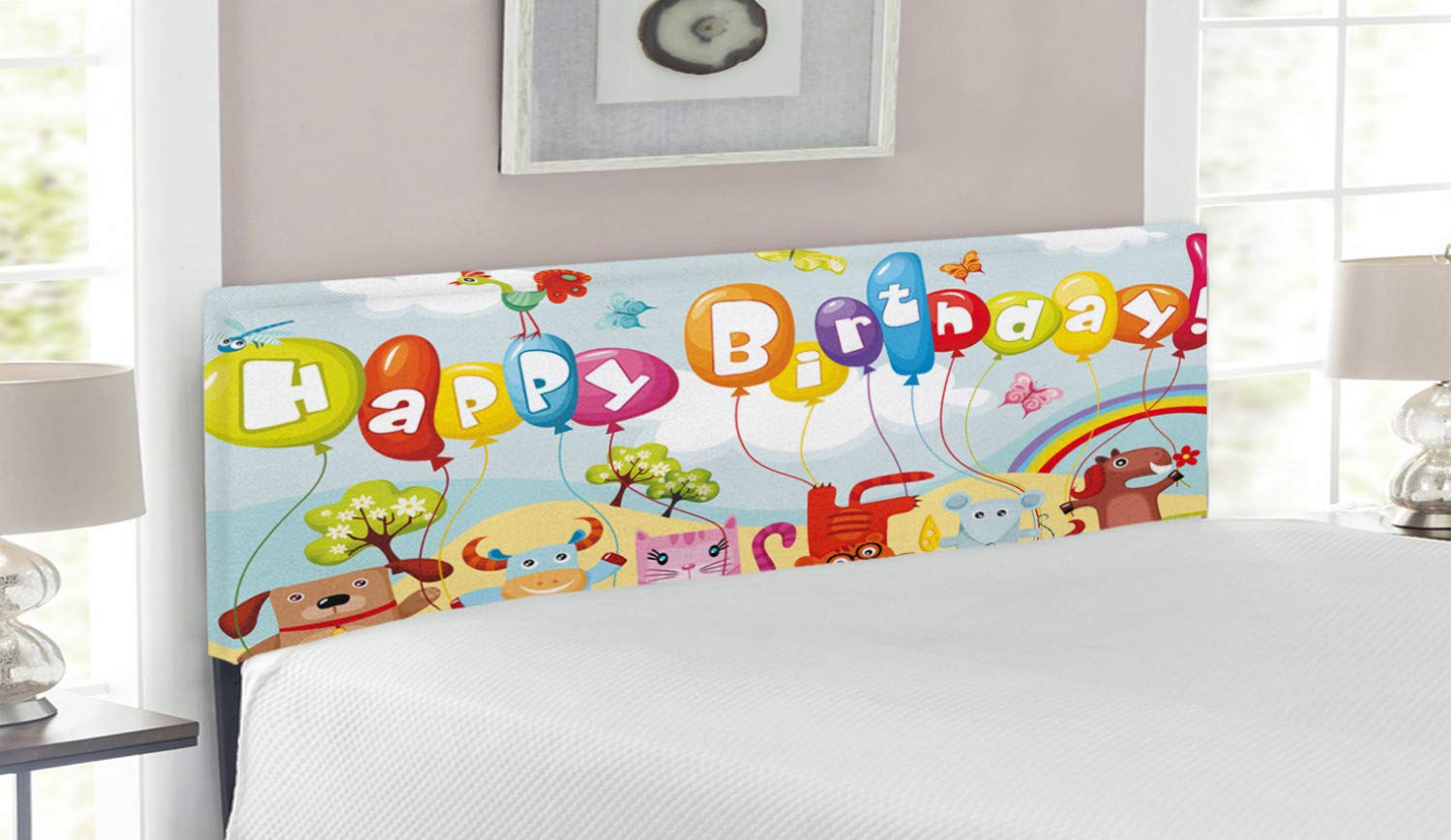 Ambesonne Farm Life Animals Birthday Party Headboard - Queen Size Upholstered Decorative Metal Bed Headboard with Memory Foam, Colorful Balloons Rainbow Clouds Village Theme Art Print | Perfect for Kids' Bedrooms, Birthday Party Decorations & Themed Room Designs