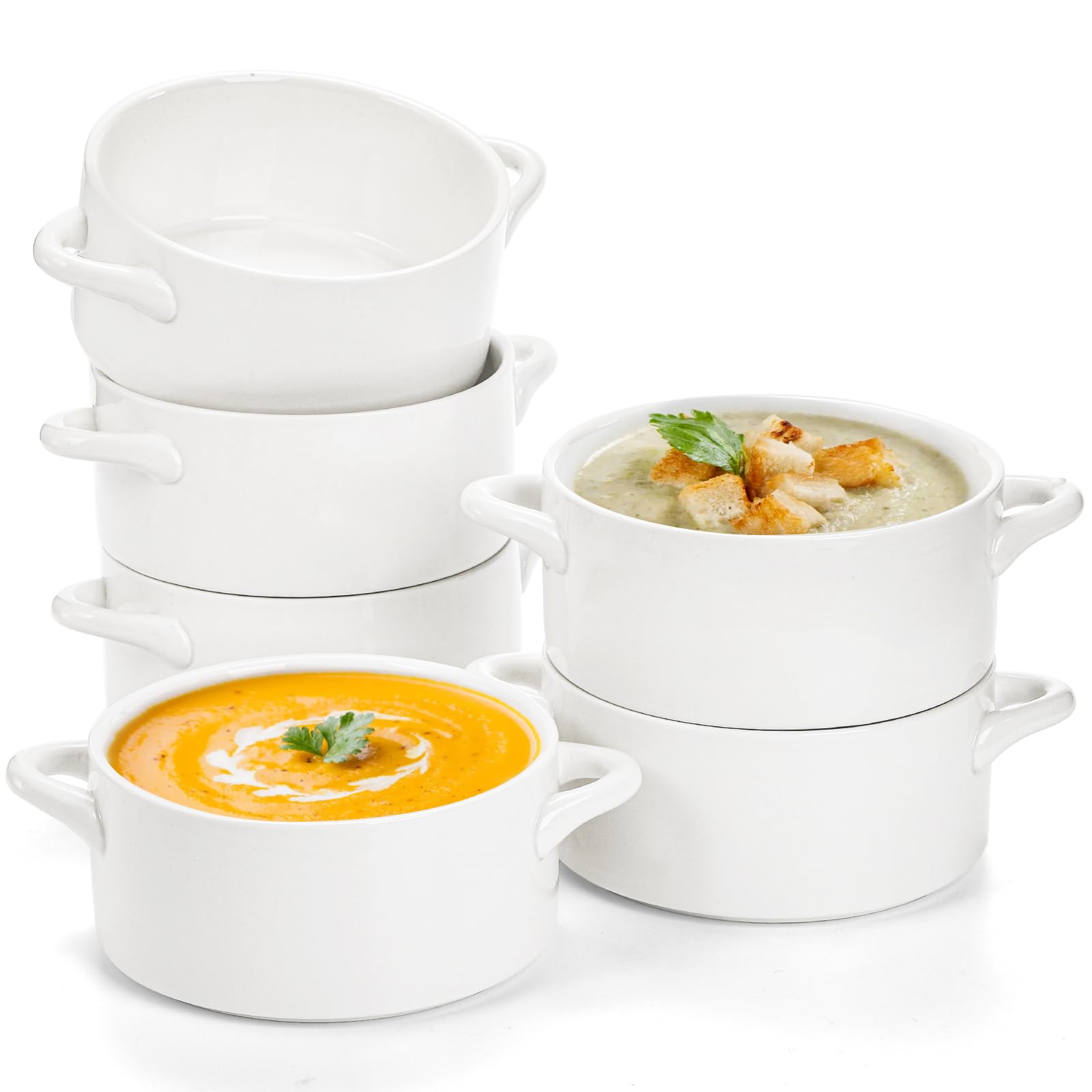 SOUJOY 6 Pack French Onion Soup Bowls - 22Oz Porcelain Serving Bowls with Handles, Oven Safe Crocks for Soup, Cereal, Chili, Pot Pie & Beef Stew - Perfect for Baked Dishes, Restaurant Serving & Family Dining