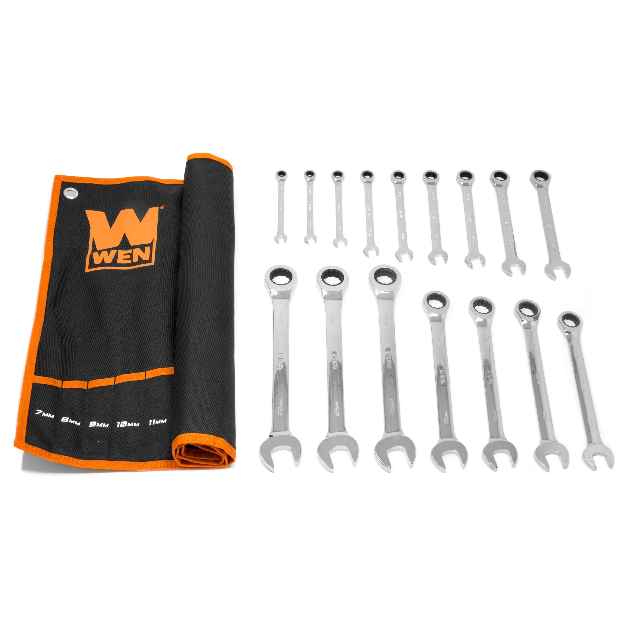 WEN WR161M 16-Piece Professional Grade Ratcheting Metric Combination Wrench Set with Storage Pouch - Perfect for Automotive Repair, DIY Projects & Home Maintenance
