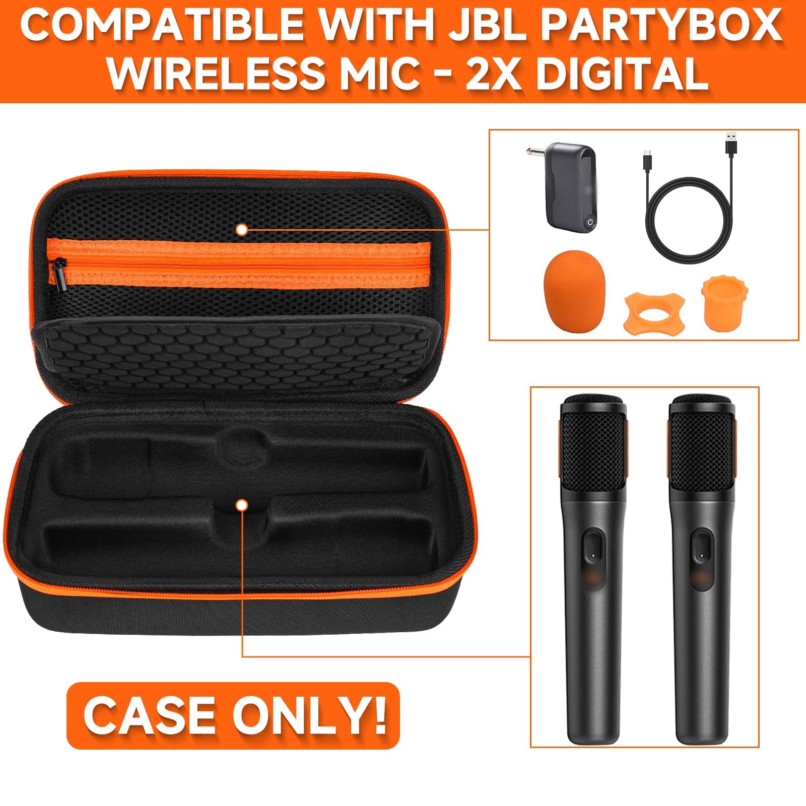 JBL PartyBox Wireless Microphone Case - Portable Travel Storage Bag for 2 Digital Wireless Mics, Receivers, Adapters, AA Batteries & Charger (Black) | Perfect for Karaoke Parties, Live Performances & Travel Protection