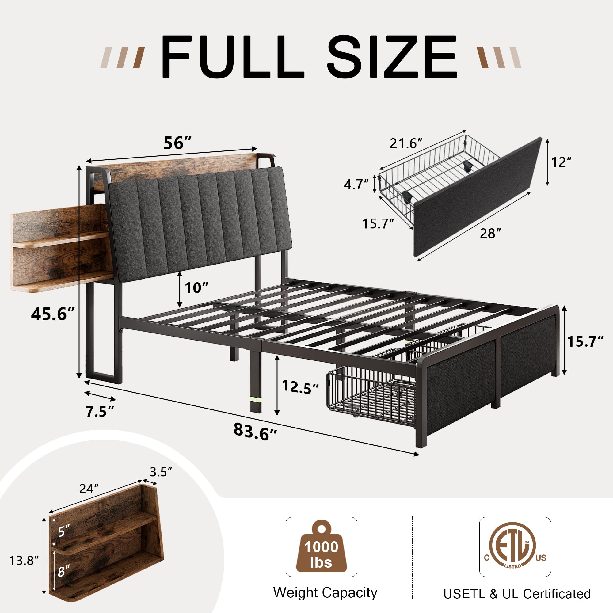 Full Size Metal Bed Frame with 2-Tier Hidden Storage & 2 Drawers - Upholstered Platform Bed with USB Charging Station, Ergonomic Headboard & Reinforced Steel Slats - No Box Spring Required, Easy Assembly - Perfect for Small Bedrooms, Guest Rooms & Modern Apartments
