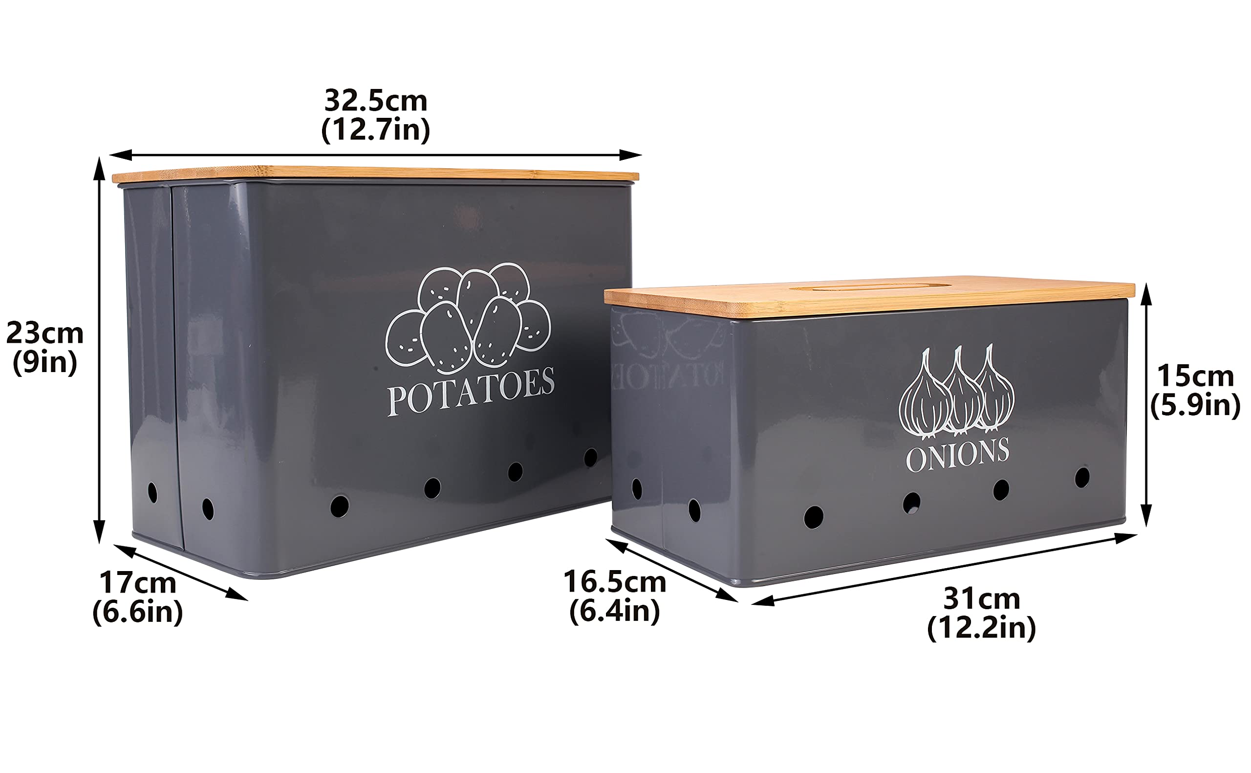 Potato and Onion Storage Containers with Bamboo Lid - Set of 2 Airtight Food Storage Bins with Ventilation Holes for Kitchen, Pantry, or Countertop Organization