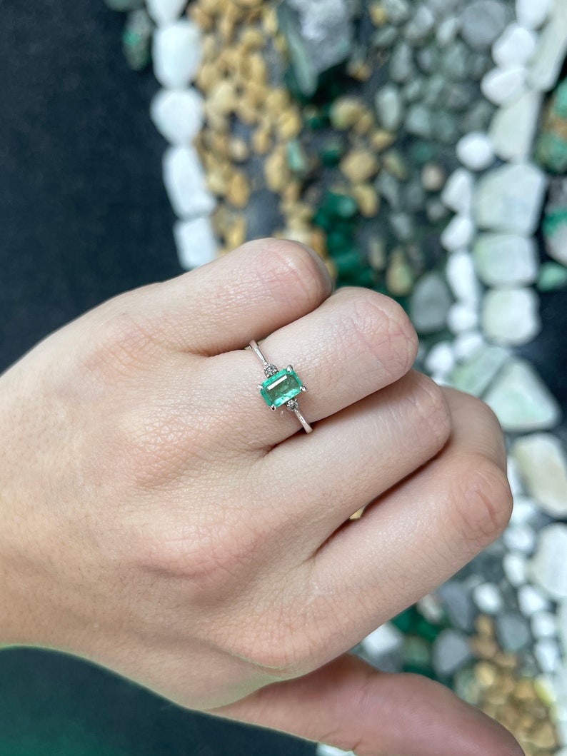 0.98tcw SS Natural Medium Green Emerald Cut Brilliant Round Diamond 3 Stone Sterling Silver 925 Ring for Women - Elegant Jewelry Gift for Anniversary, Engagement & Special Occasions