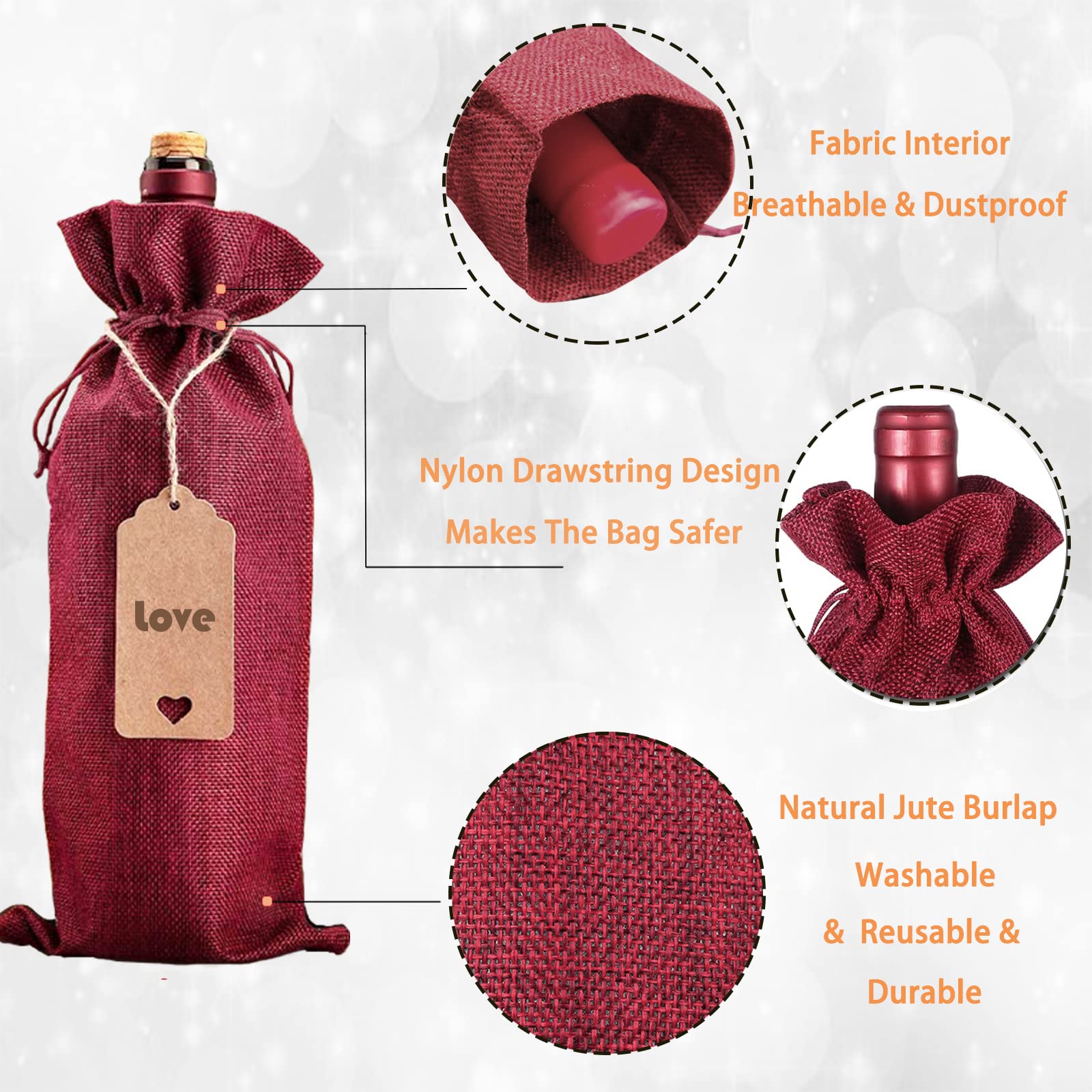 12-Pack Burgundy Red Burlap Wine Gift Bags with Drawstrings - Reusable Wine Bottle Bags for Parties, Christmas, Weddings, Birthdays & Housewarming Gifts - Perfect for Wine Storage & Elegant Gift Presentation