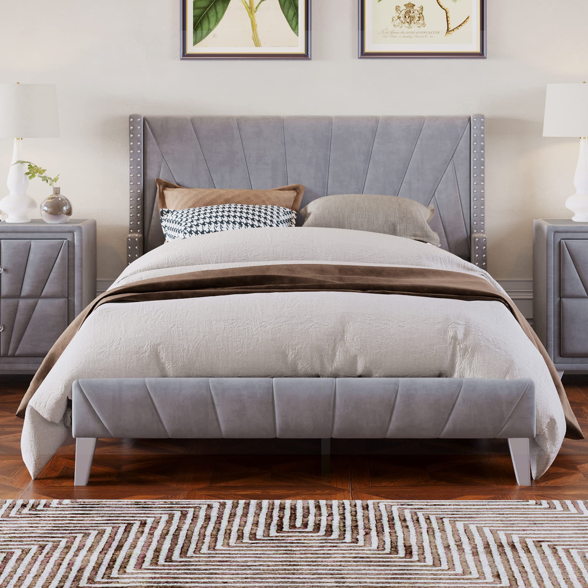 Modern 3-Piece Full Bedroom Set - Velvet Upholstered Bed Frame with 2 Nightstands, Contemporary Gray Bedroom Furniture for Master & Guest Rooms | Perfect for Small Spaces & Cozy Home Decor