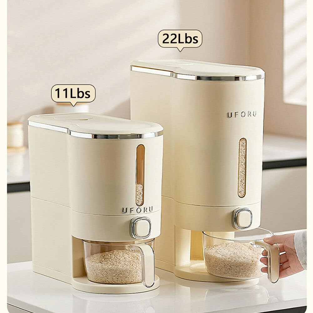 22 Lbs Large Rice Dispenser with Measuring Cup - Airtight Moisture-Proof Cereal & Dry Food Storage Container for Kitchen Pantry - Perfect for Rice, Grains, Pasta, and Bulk Food Organization