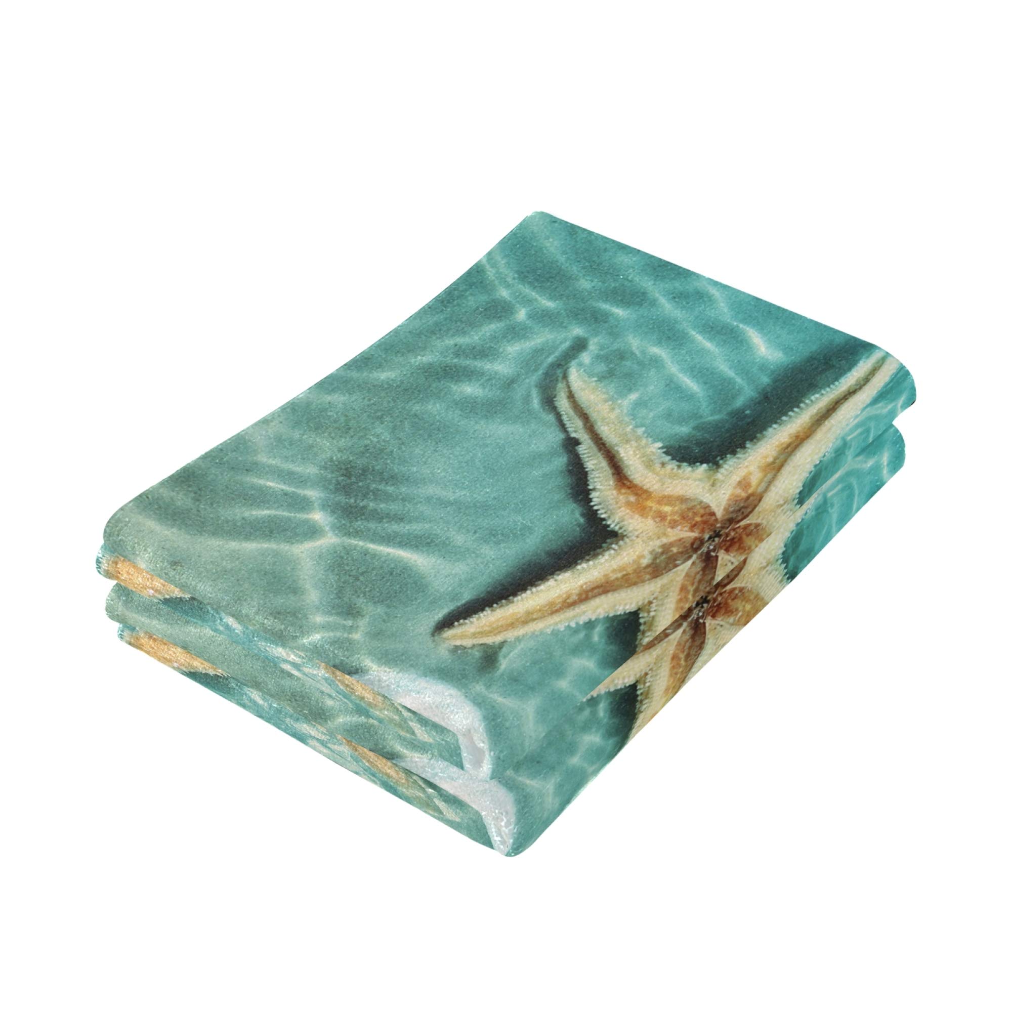KLL Soft Bathroom Hand Towels Set of 2 - 14x28 Inch Starfish & Seashell Beach Themed Towels for Hand, Face, Hair | Absorbent & Decorative for Kitchen, Bathroom & Tea Time | Summer Beach House Decor