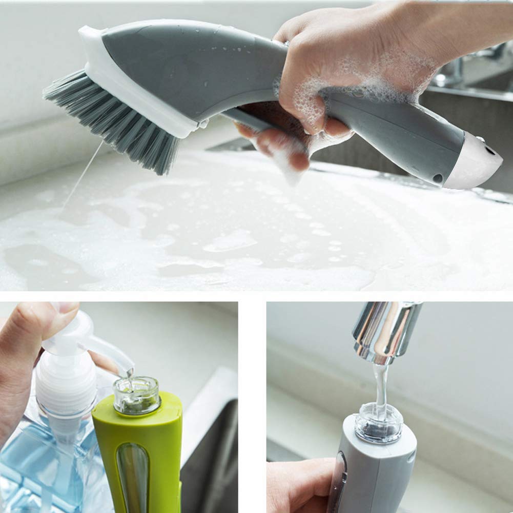 ELEOPTION Kitchen Sink Cleaning Brush with Soap Dispenser - Stainless Steel Pot Scrubber for Dishes, Stove, Tiles - Ergonomic Household Cleaning Brush (Green) - Perfect for Deep Cleaning Kitchen Sinks & Cookware