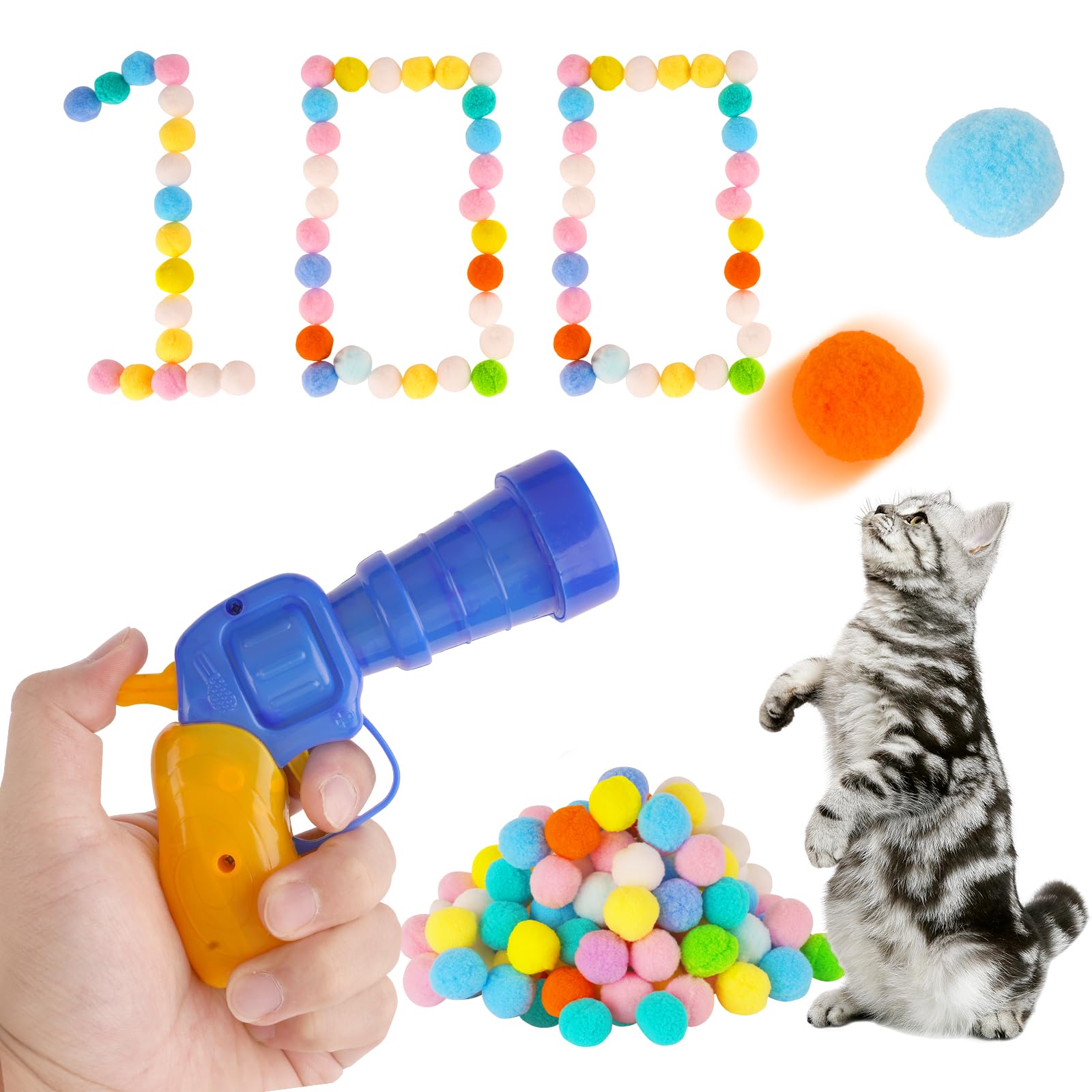**100Pcs 1.2Inch Colorful Soft Cat Pompom Balls with Launcher - Interactive Cat Toys for Indoor Play, Exercise & Training - Perfect for Kittens & Adult Cats**