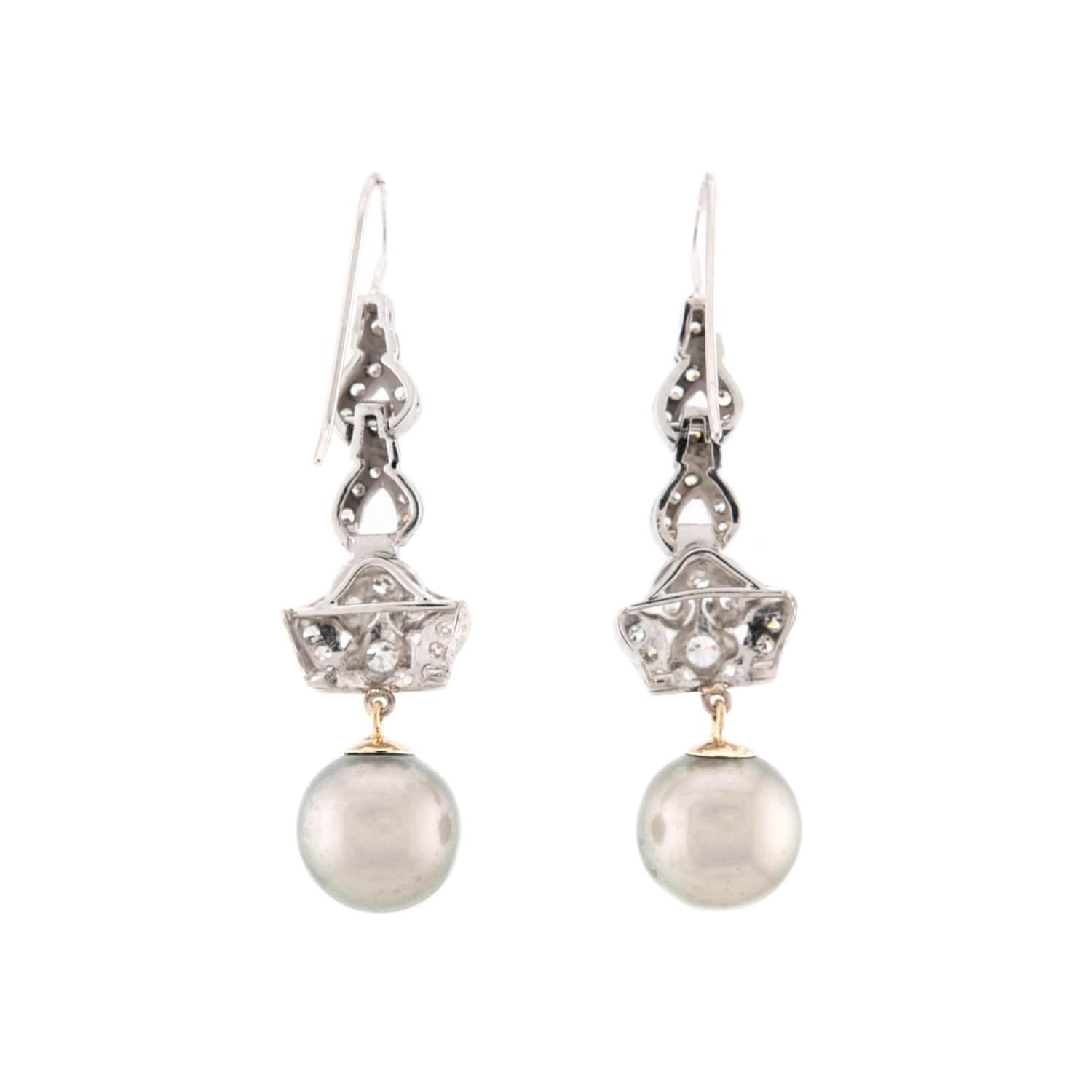 Art Deco Platinum & 18K Gold Diamond Pearl Drop Earrings for Women - Vintage Style Dangle Earrings for Weddings, Parties & Special Occasions