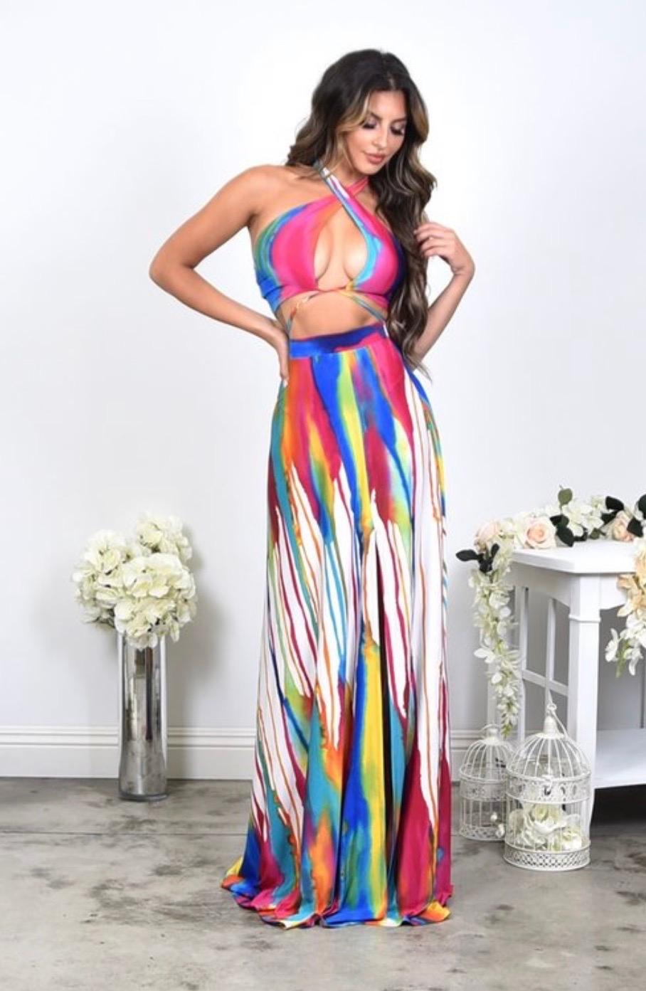 Stylish White Multi-Color Print Front Tie Top & Maxi Skirt Set for Women | Summer Beach Outfit, Vacation Dress, Boho Chic Fashion