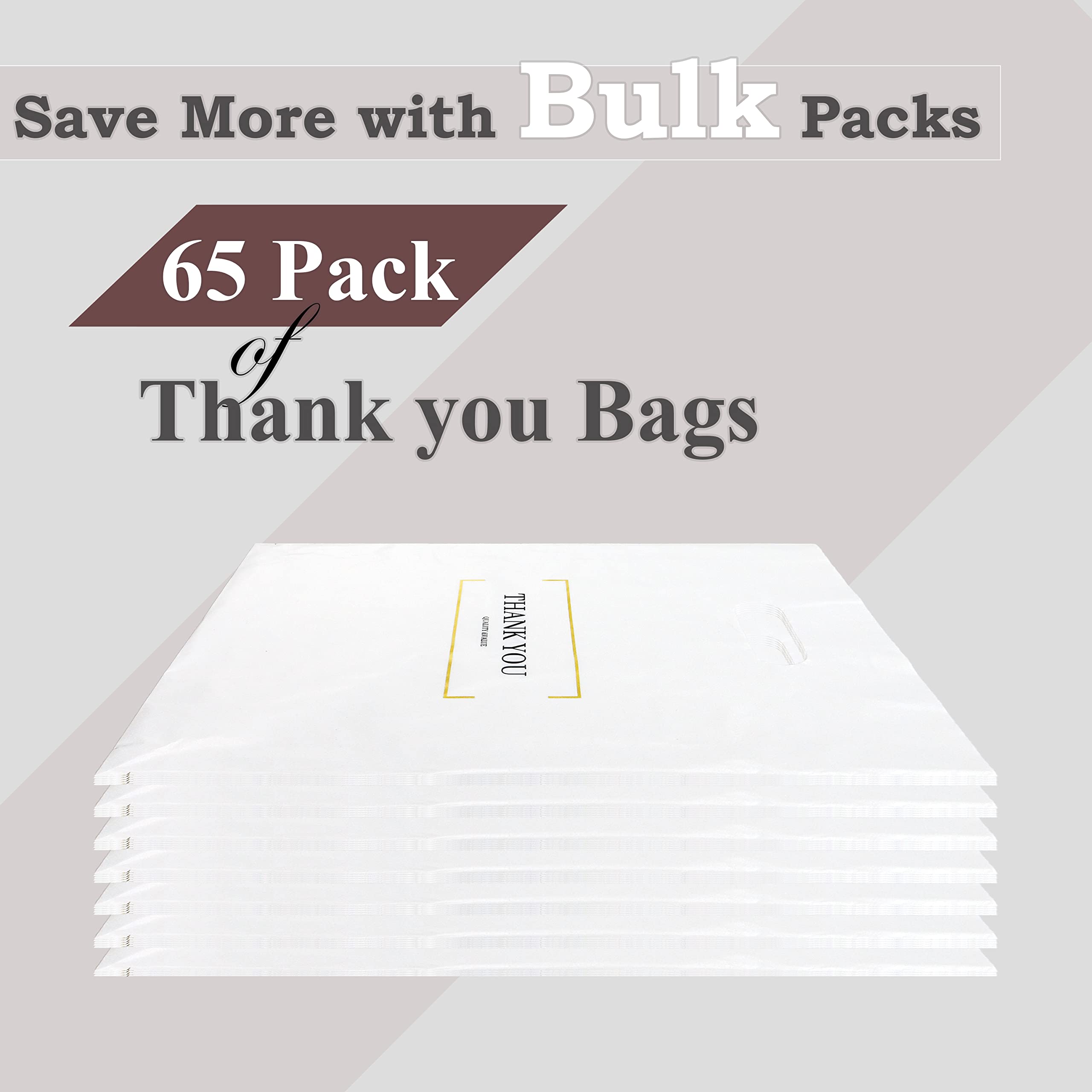 BISC Small Thank You Bags - 9x12 Inch Plastic Gift Bags (65 Pack) - Die Cut Retail Shopping Bags for Boutiques, Stores & Parties - Premium White Plastic Bags for Gifts, Favors & Retail Packaging