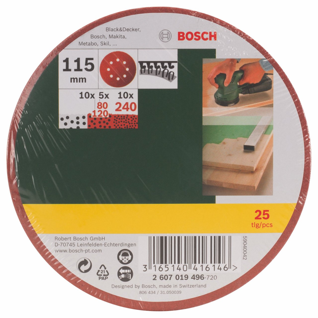 Bosch 2607019496 25 Random Orbit Sanding Sheets, 115mm Diameter, 80-240 Grit, Red – Perfect for Woodworking, Automotive & DIY Projects