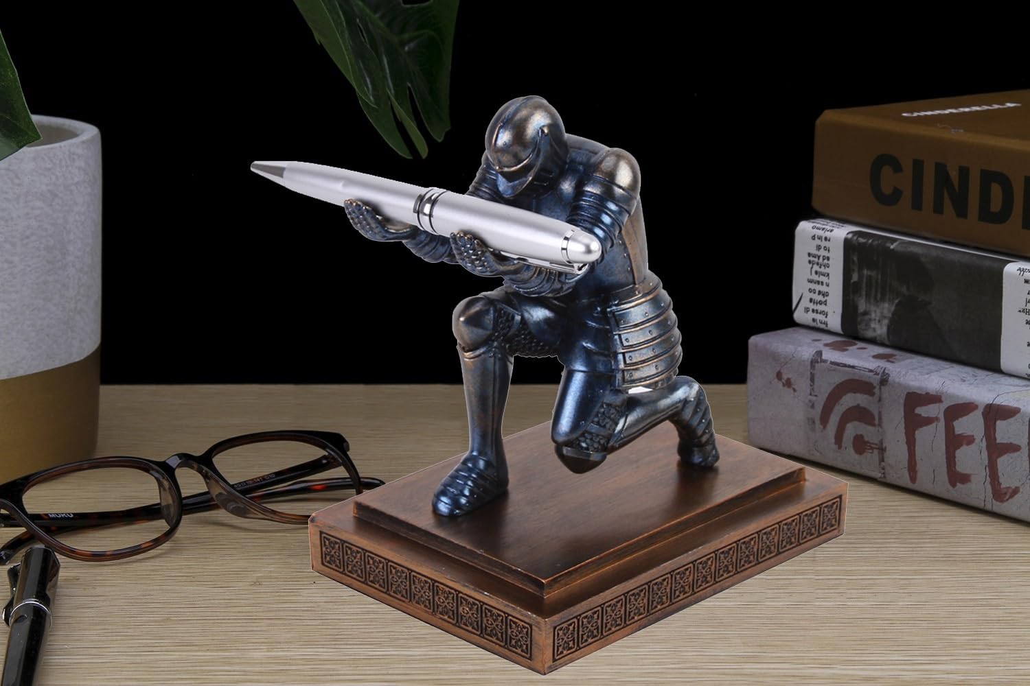 Knight Pen Holder - Resin Desk Organizer with Cool Pen, Office & Home Decor Gift (Blue) | Perfect for Workstation, Study Table & Gamer Setup