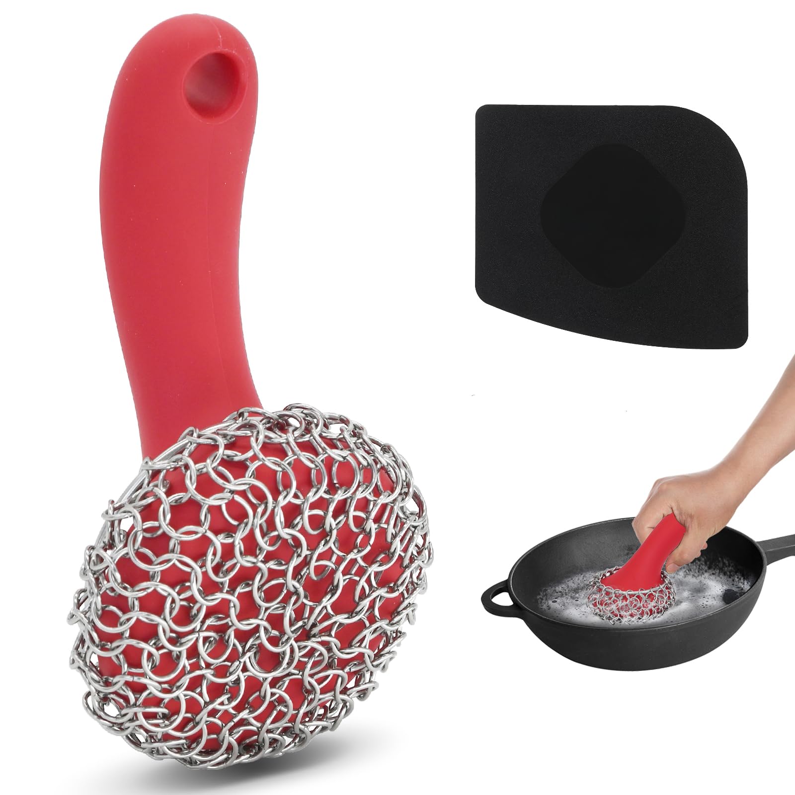 Premium 316 Stainless Steel Chainmail Scrubber for Cast Iron Pans - Long Handle Cast Iron Cleaner & Scraper Set - Dishwasher Safe Scouring Pad for Grill, Griddle & Cookware Cleaning (Red, 1 Scrubber + 1 Scraper) - Perfect for Camping, Outdoor Cooking & Kitchen Maintenance