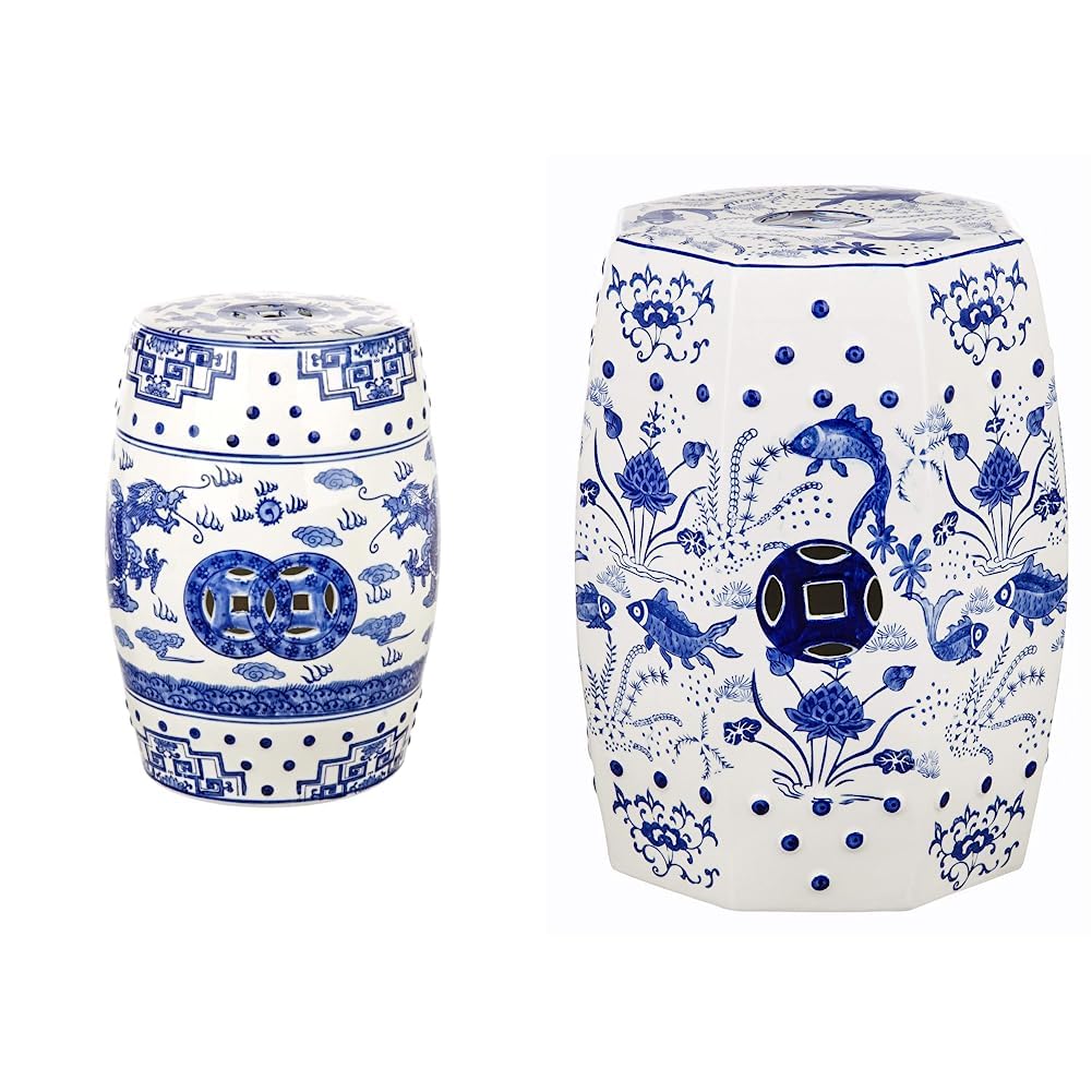 Safavieh Dragon's Breath Chinoiserie Ceramic Garden Stool - Blue Cloud 9 Koi Fish Design - Handcrafted Decorative Outdoor & Indoor Furniture - Perfect for Patio, Living Room, or Asian-Inspired Home Decor