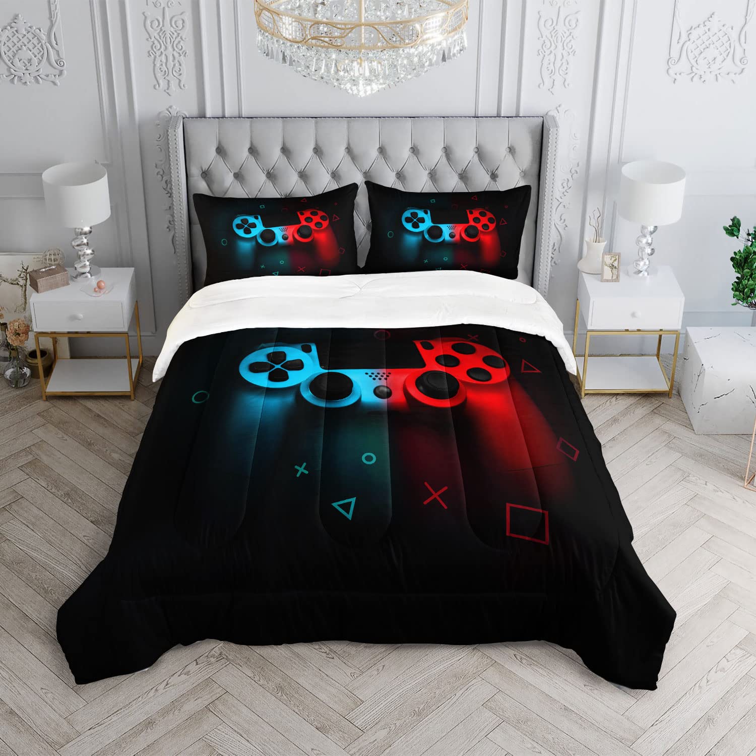 HOSIMA Gaming Twin Comforter Set for Boys & Teens - Controller Pattern Design with 2 Pillow Shams - Perfect for Gamer Room Decor & Video Game Themed Bedroom