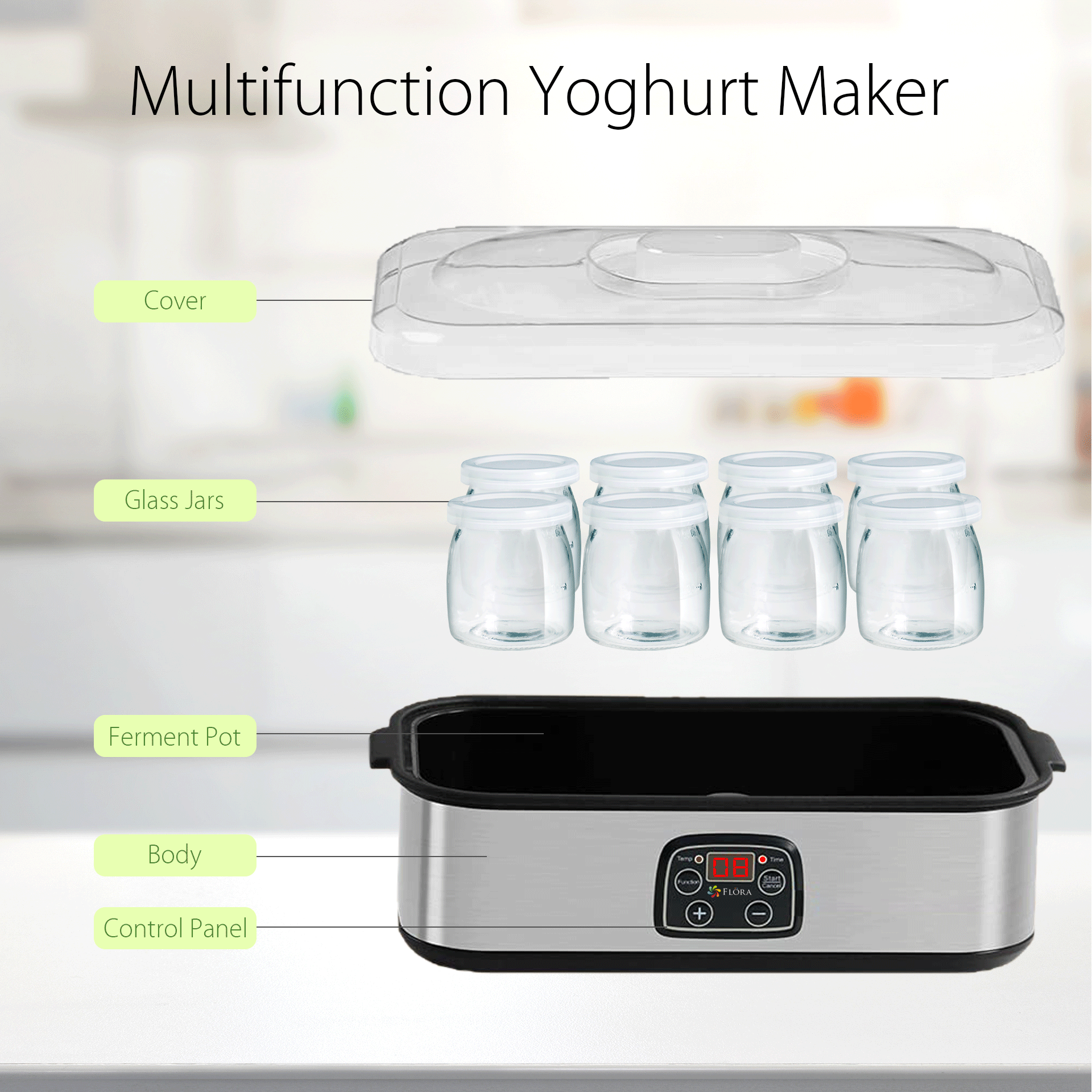 Electric Yogurt Maker Machine with 8 Glass Jars - Digital LCD Display & Temperature Control for Homemade Yogurt, Natto, Rice Wine & Curd - Perfect for Healthy Breakfast, Snacks & Fermented Foods (FL YME 816)