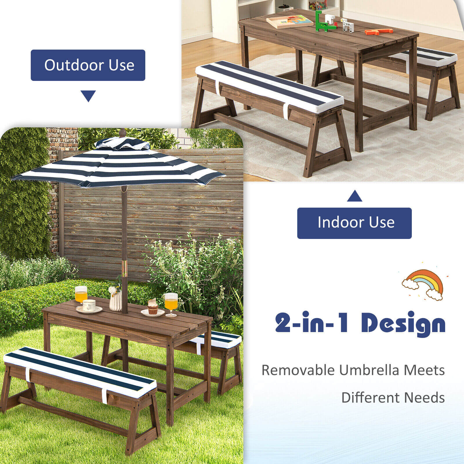 Adjustable Height Kids Picnic Table and Bench Set with Cushions & Umbrella - Outdoor Play Furniture for Backyard, Garden, and Patio - Perfect for Birthday Parties and Family Gatherings (Blue)