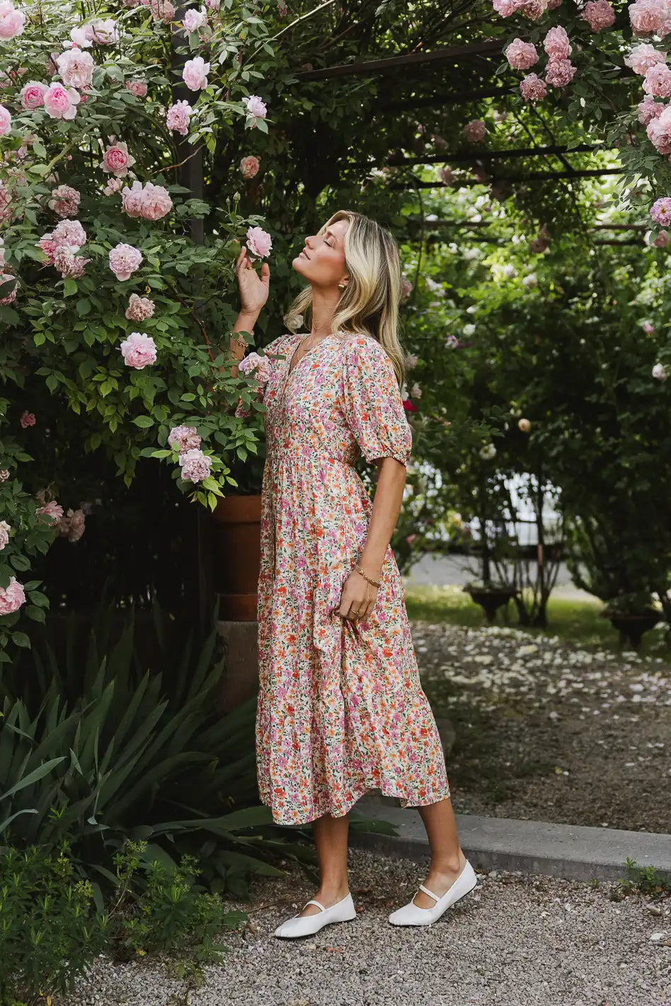 Marcia Floral Print Summer Dress in Peach - Women's Flowy Casual Sundress for Beach, Vacation & Outdoor Parties