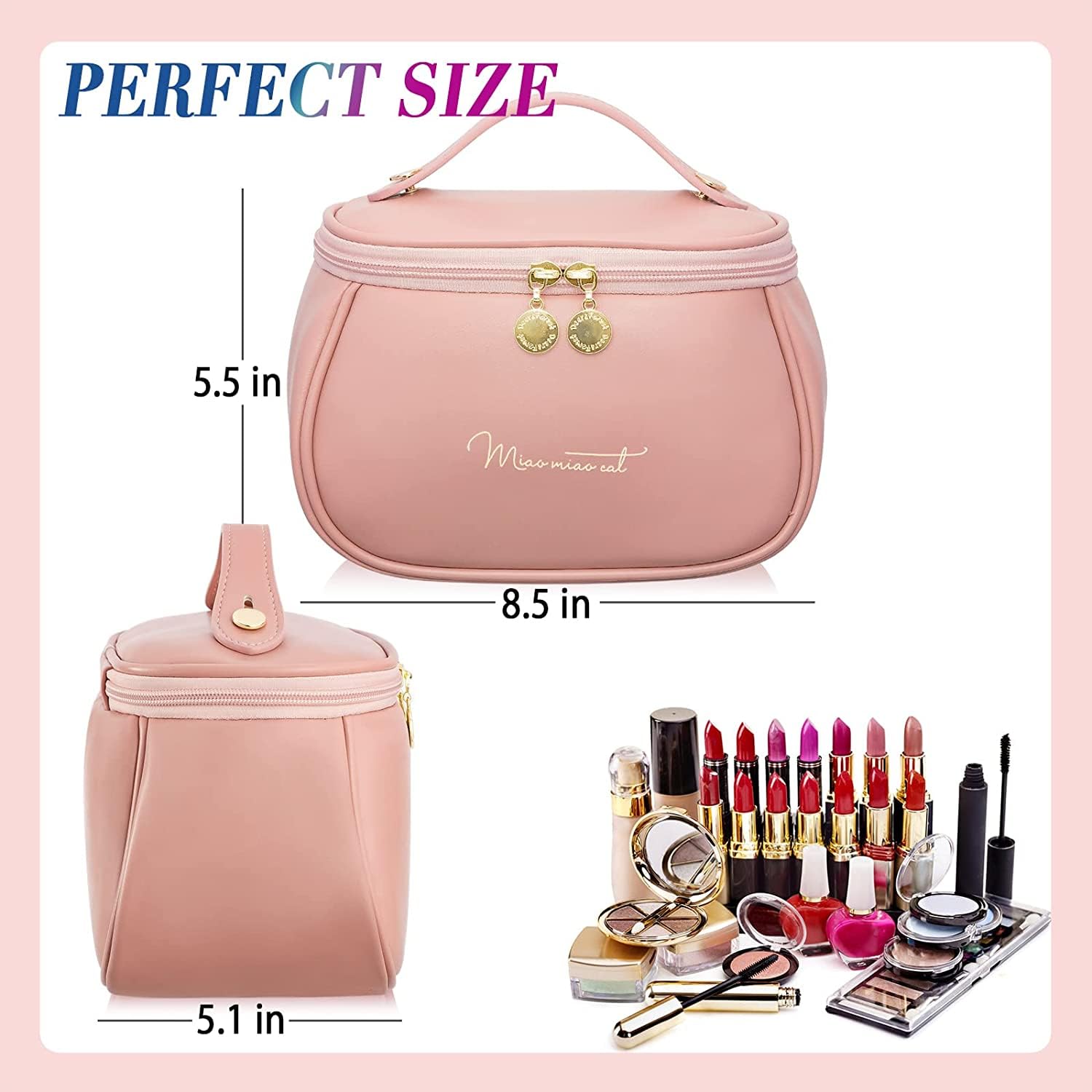 Juflix 2023 Women's Travel Makeup Bag - PU Leather Waterproof Cosmetic Organizer with Handle for Makeup Brushes, Lipstick, Perfume & Toiletries | Perfect for Vacation, Gym & Daily Use